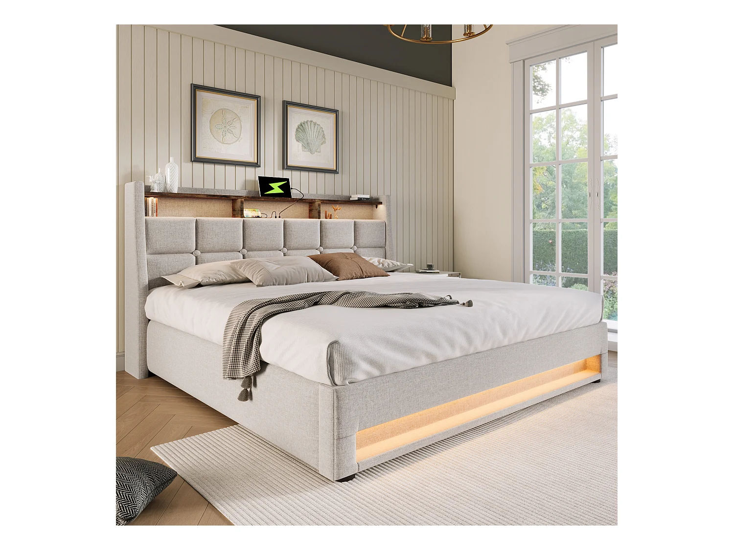 Letto contenitore 140 x 200 cm con testiera contenitore - Presa USB e led - Tessuto Lino - Beige - Senza materasso
