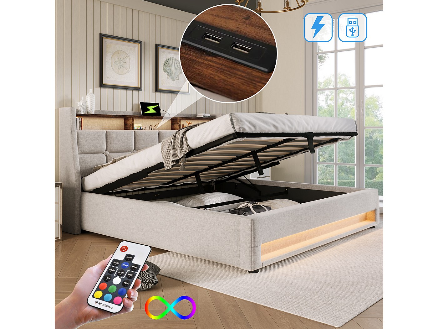 Letto con 4 cassetti 140x200, Letto matrimoniale con illuminazione LED e porte USB/Type-C, testiera con vano contenitore, letto per adulti en velluto, stile scandinavo moderno(140x200cm, Beige