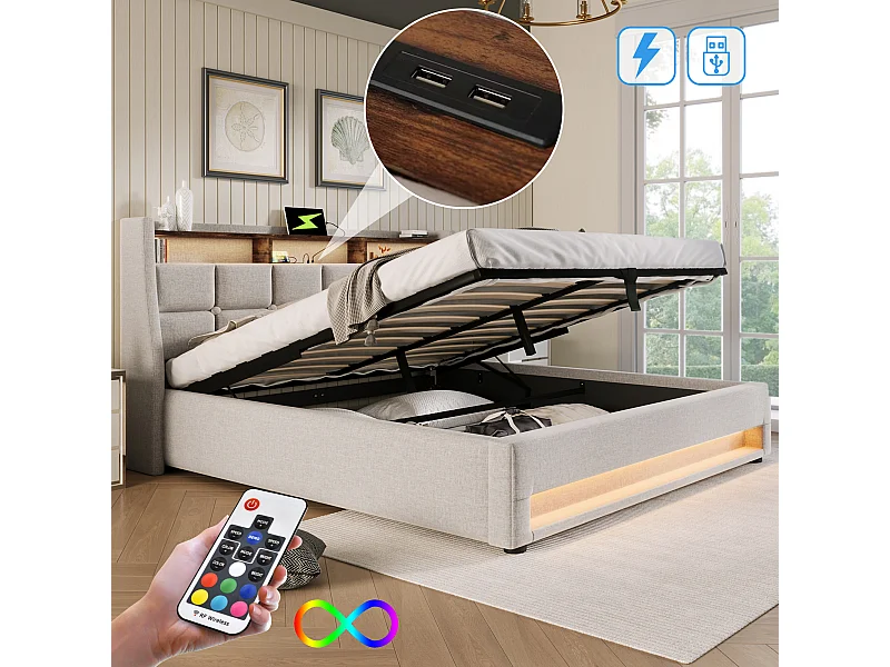 Opbergbed 140 x 200 cm met opberghoofdeinde - USB-aansluiting en LED's - Linnenstof - Beige - Zonder matras