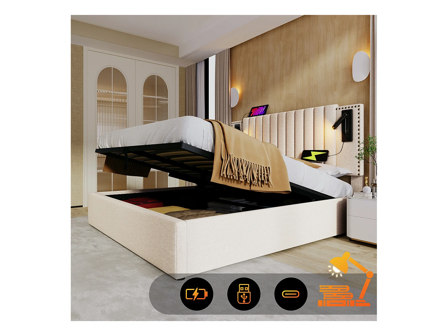 Lit coffre 160 x 200 cm avec tête de lit - Prises USB et lampe de lecture - Tissu en coton - motif rivet - Beige (sans matelas)