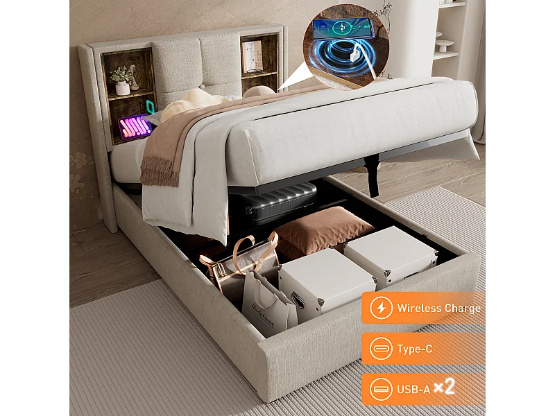 Letto contenitore 90 x 200 cm con testiera contenitore - Prese USB e Type C - Tessuto Lino - Colore Naturale