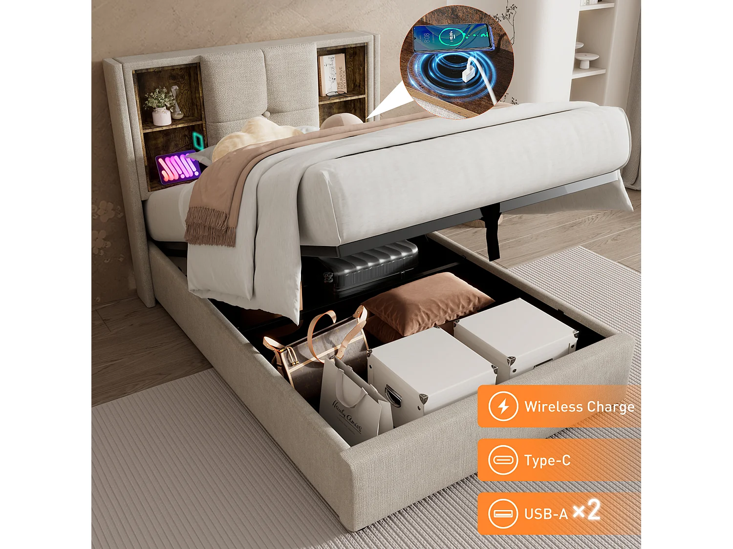 Cama contenedor 90 x 200 cm con cabecero contenedor - Tomas USB y tipo C - Tejido de lino - Color natural