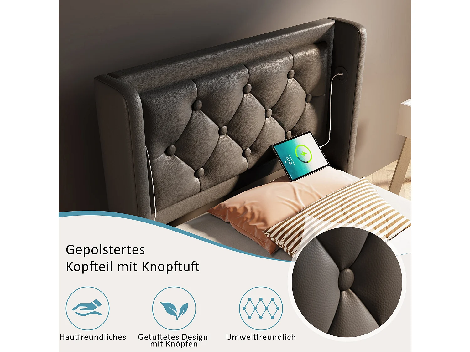 Cama contenedor 90 x 200 cm con cabecero - Tomas USB y Tipo C - LED - Cuero PU - Negro (sin colchón)