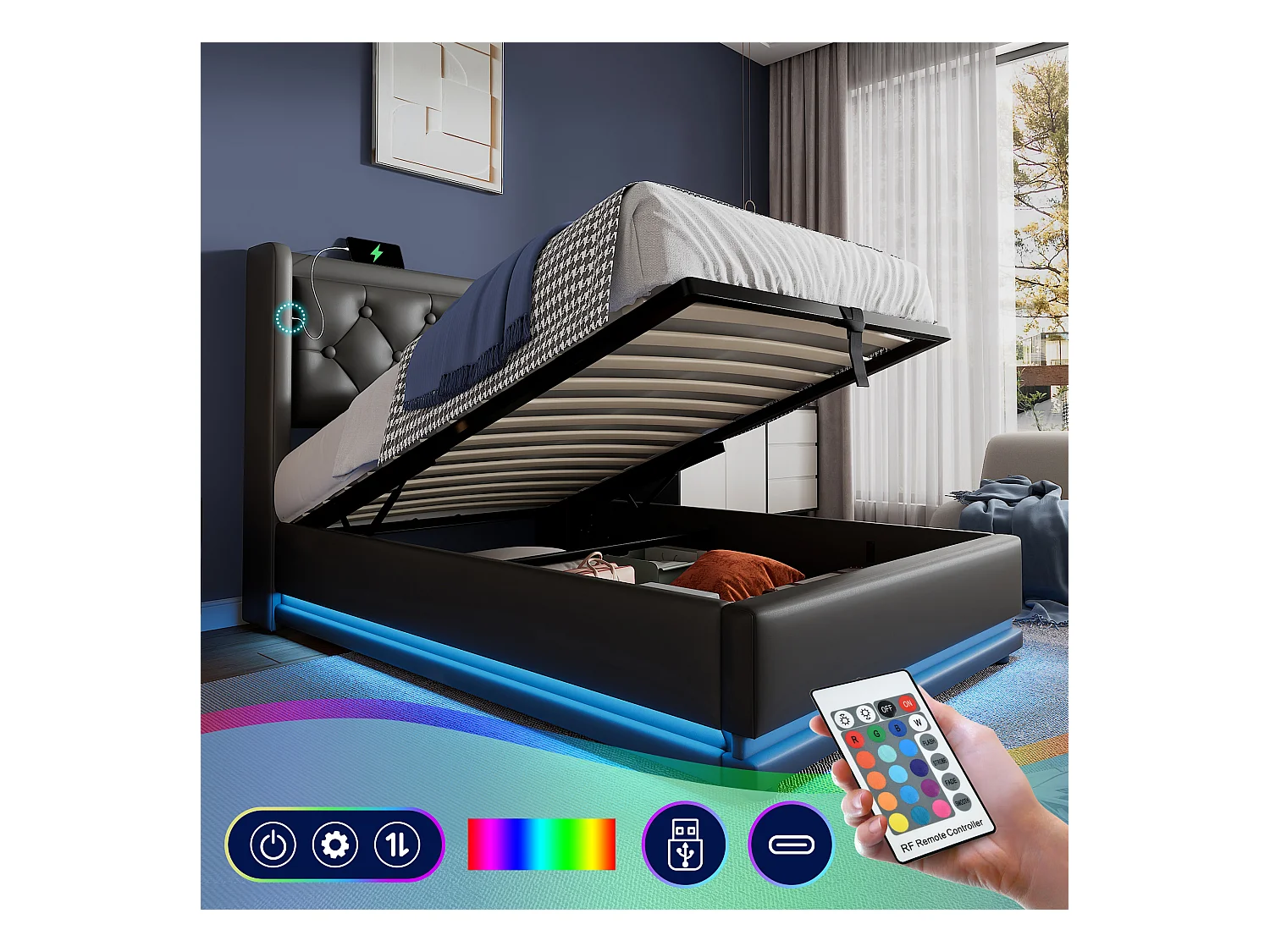 Lit coffre 90 x 200 cm avec tête de lit - Prises USB et Type-C - LEDs - Cuir PU - Noir (sans matelas)