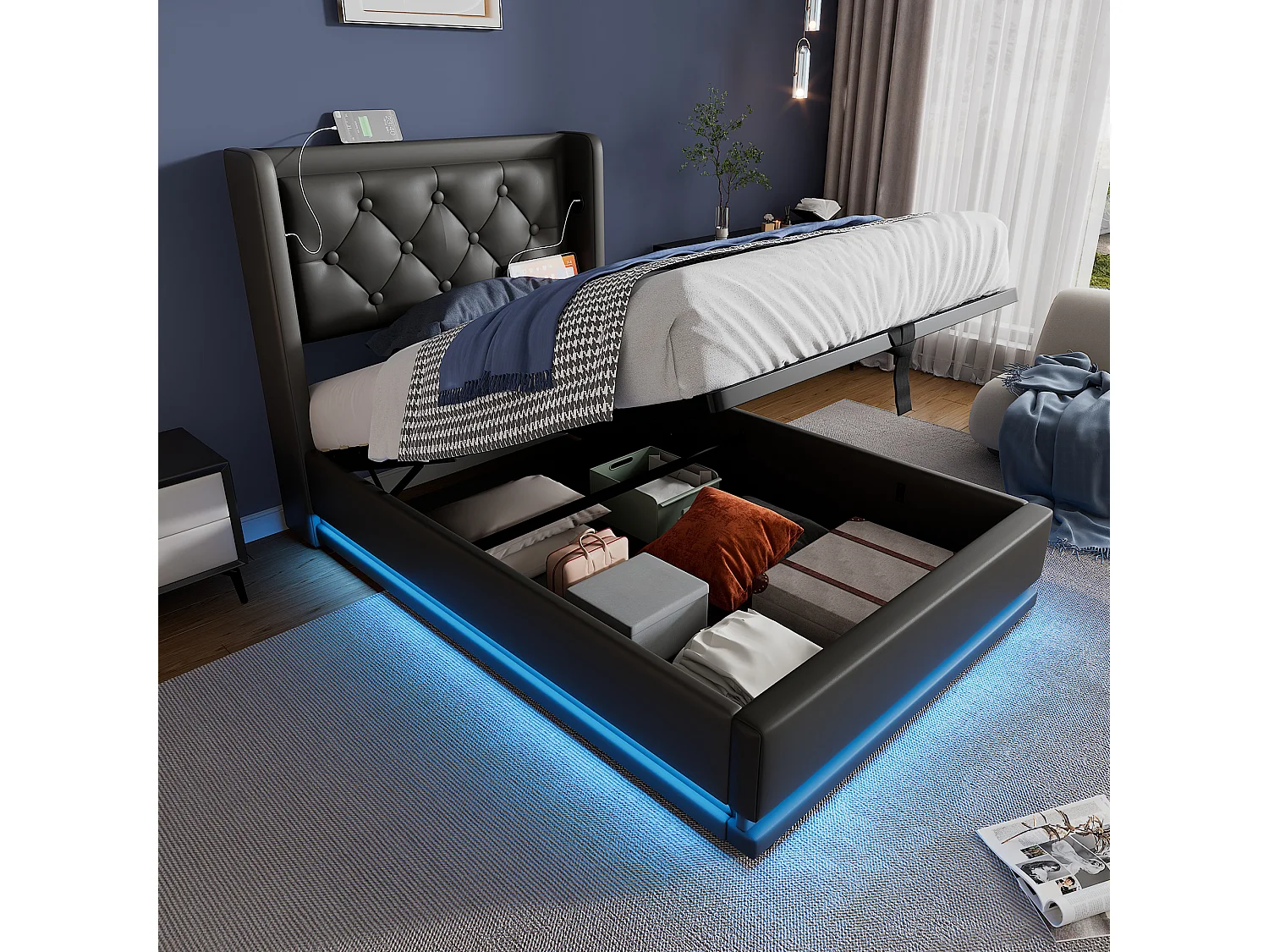 Opbergbed 90 x 200 cm met hoofdbord - USB- en Type-C-aansluitingen - LED's - PU-leer - Zwart (zonder matras)