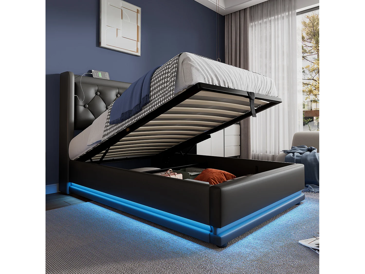 Opbergbed 90 x 200 cm met hoofdbord - USB- en Type-C-aansluitingen - LED's - PU-leer - Zwart (zonder matras)