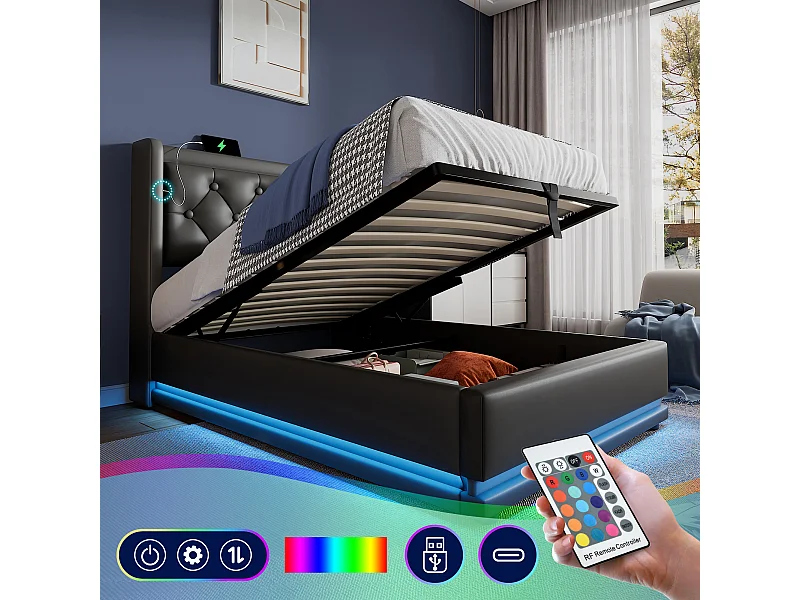 Lit coffre 90 x 200 cm avec tête de lit - Prises USB et Type-C - LEDs - Cuir PU - Noir (sans matelas)