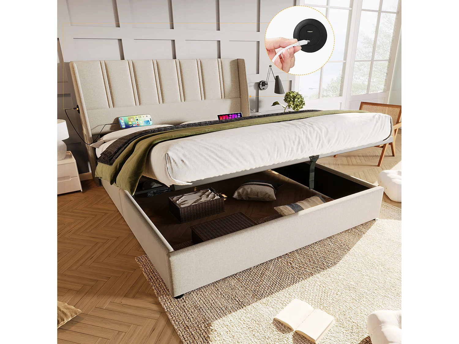 Opbergbed 180 x 200 cm met hoofdeinde - USB/Type-C stopcontacten - Linnenstof - Beige (zonder matras)