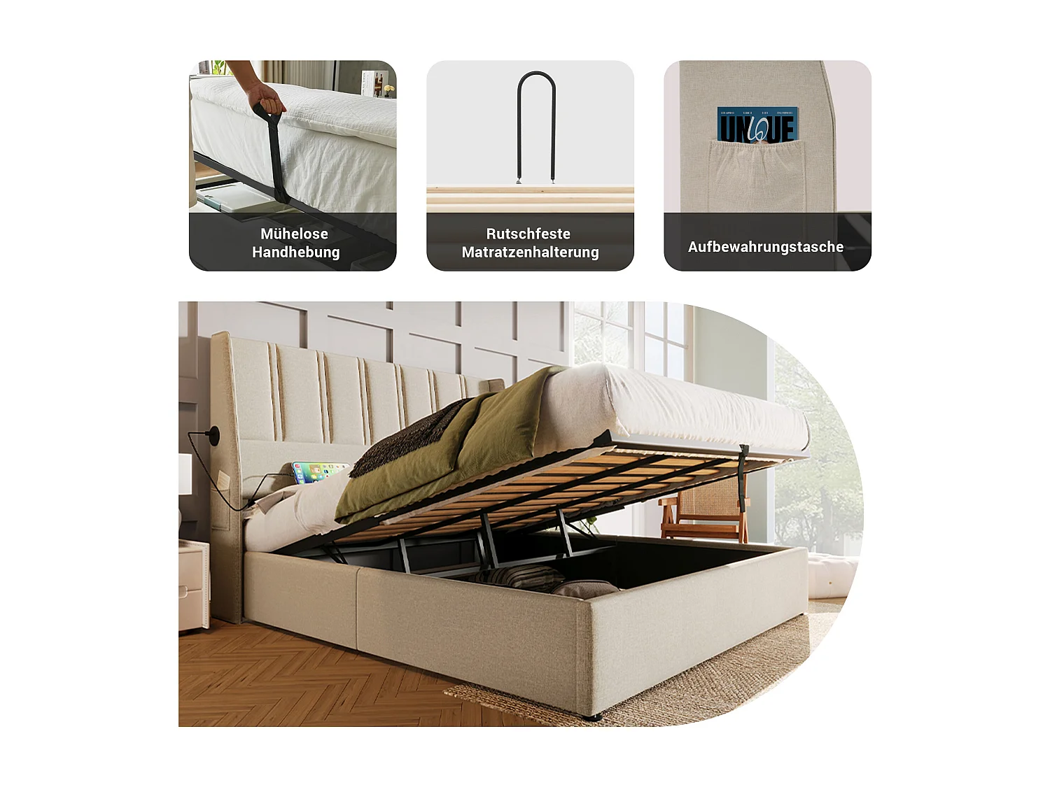 Opbergbed 180 x 200 cm met hoofdeinde - USB/Type-C stopcontacten - Linnenstof - Beige (zonder matras)
