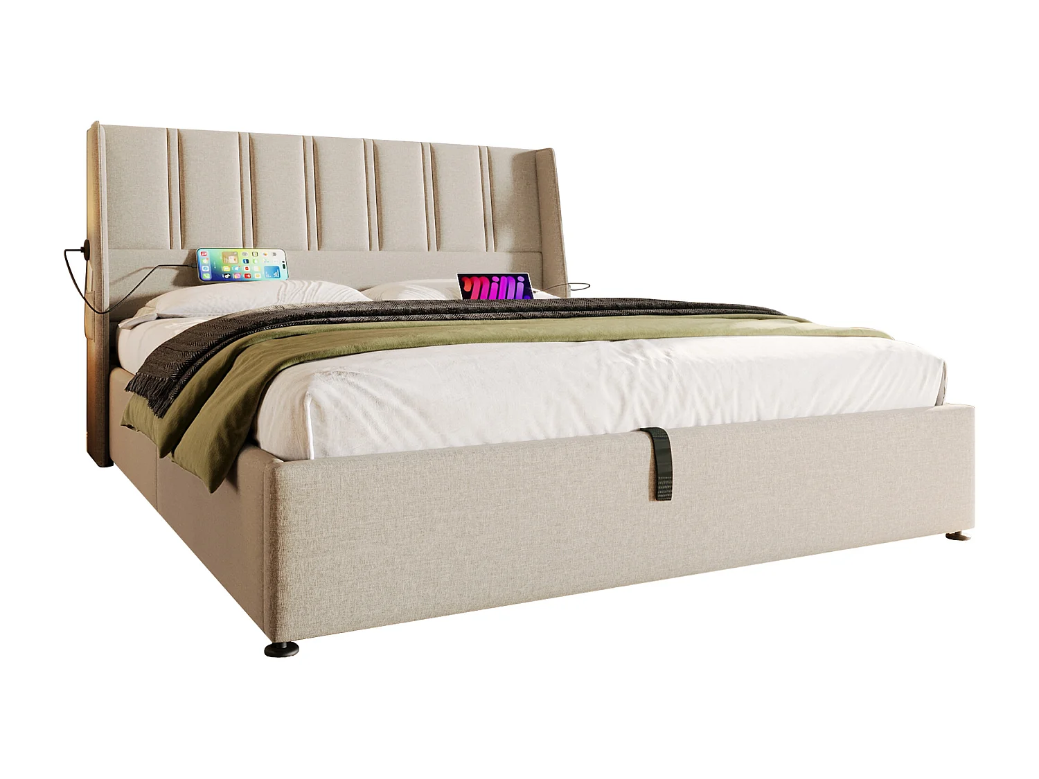 Opbergbed 180 x 200 cm met hoofdeinde - USB/Type-C stopcontacten - Linnenstof - Beige (zonder matras)