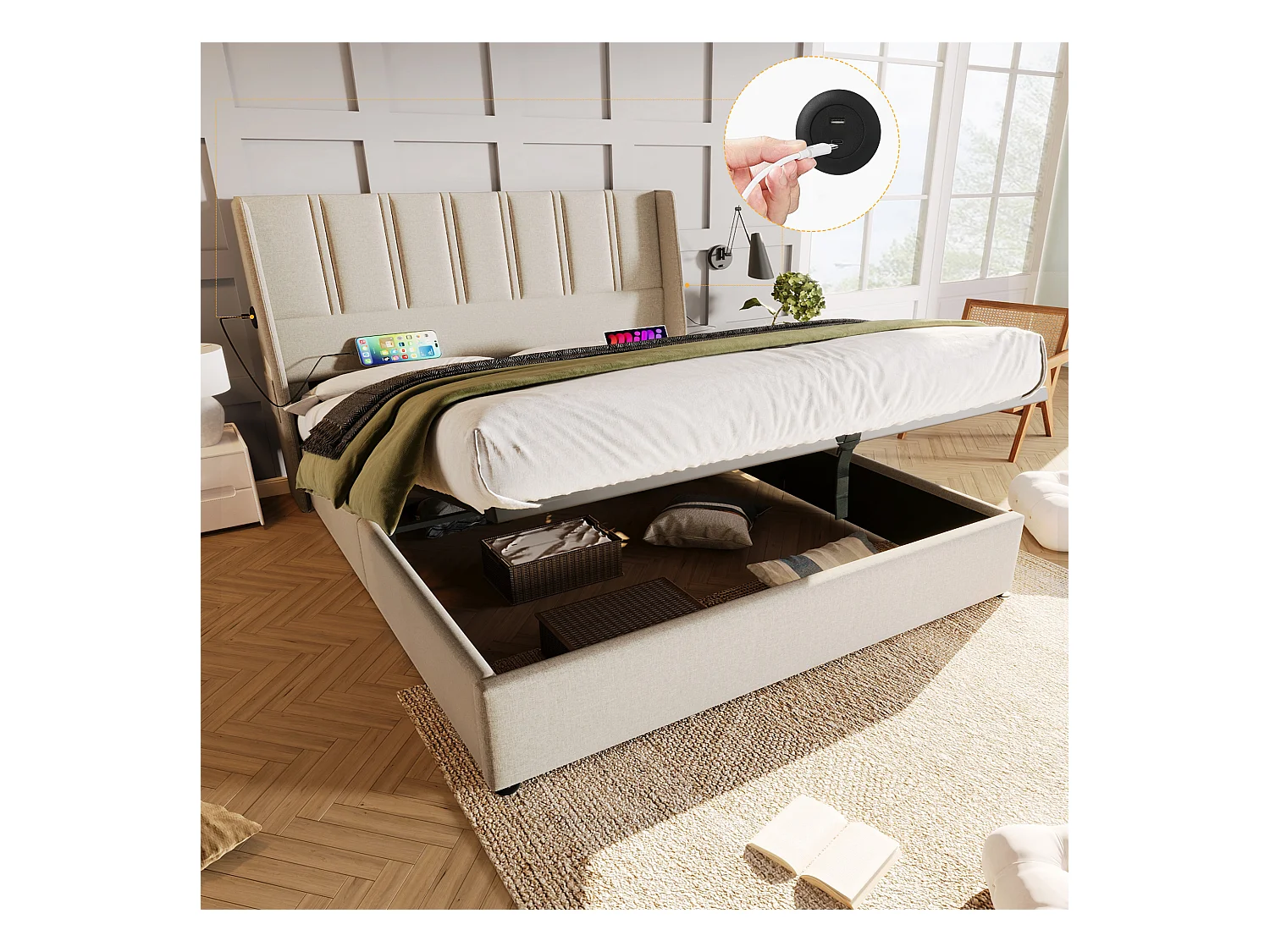 Opbergbed 180 x 200 cm met hoofdeinde - USB/Type-C stopcontacten - Linnenstof - Beige (zonder matras)