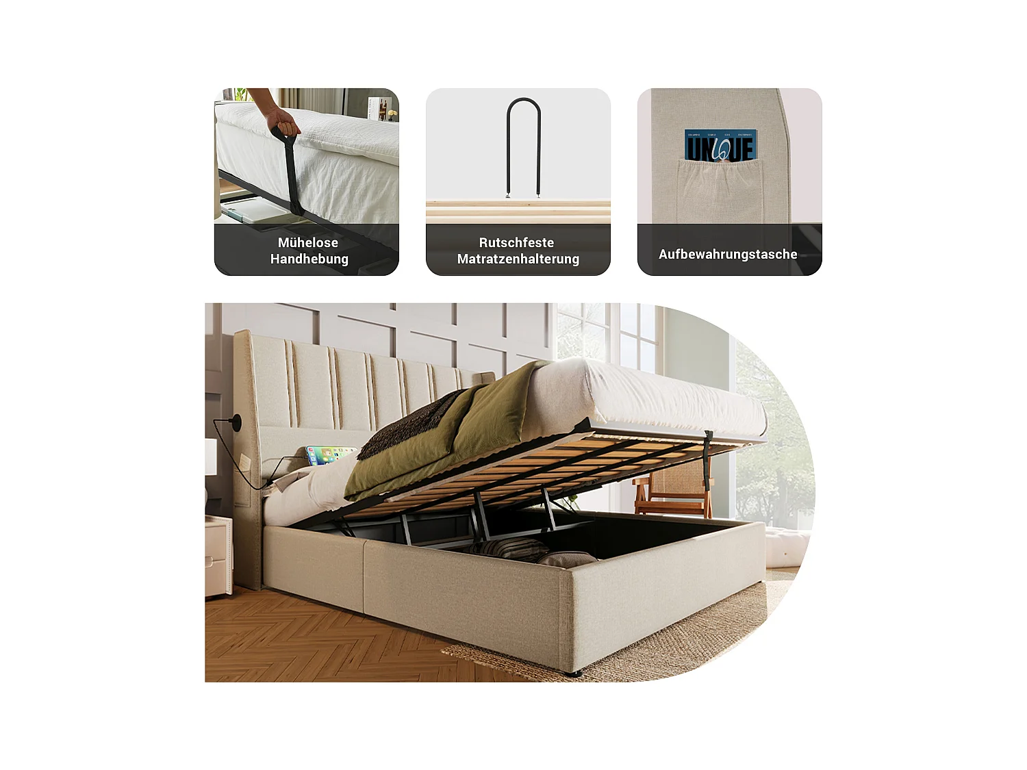 Opbergbed 180 x 200 cm met hoofdeinde - USB/Type-C stopcontacten - Linnenstof - Beige (zonder matras)