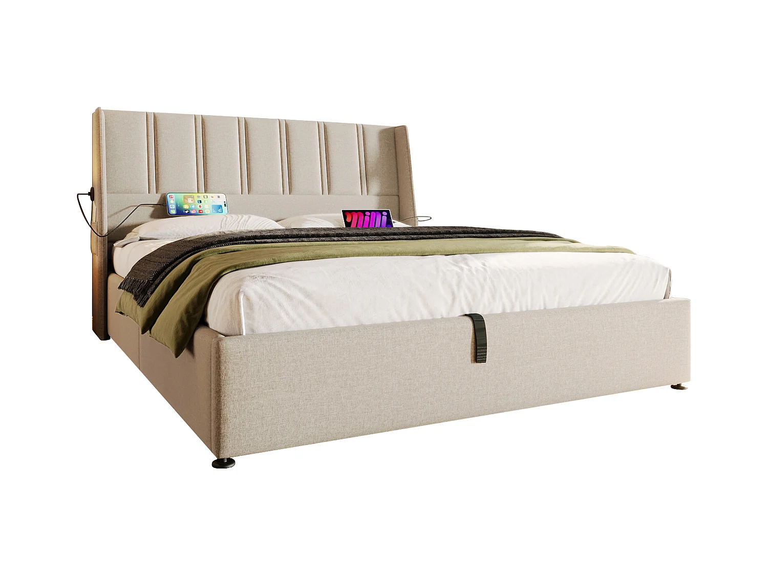 Opbergbed 180 x 200 cm met hoofdeinde - USB/Type-C stopcontacten - Linnenstof - Beige (zonder matras)