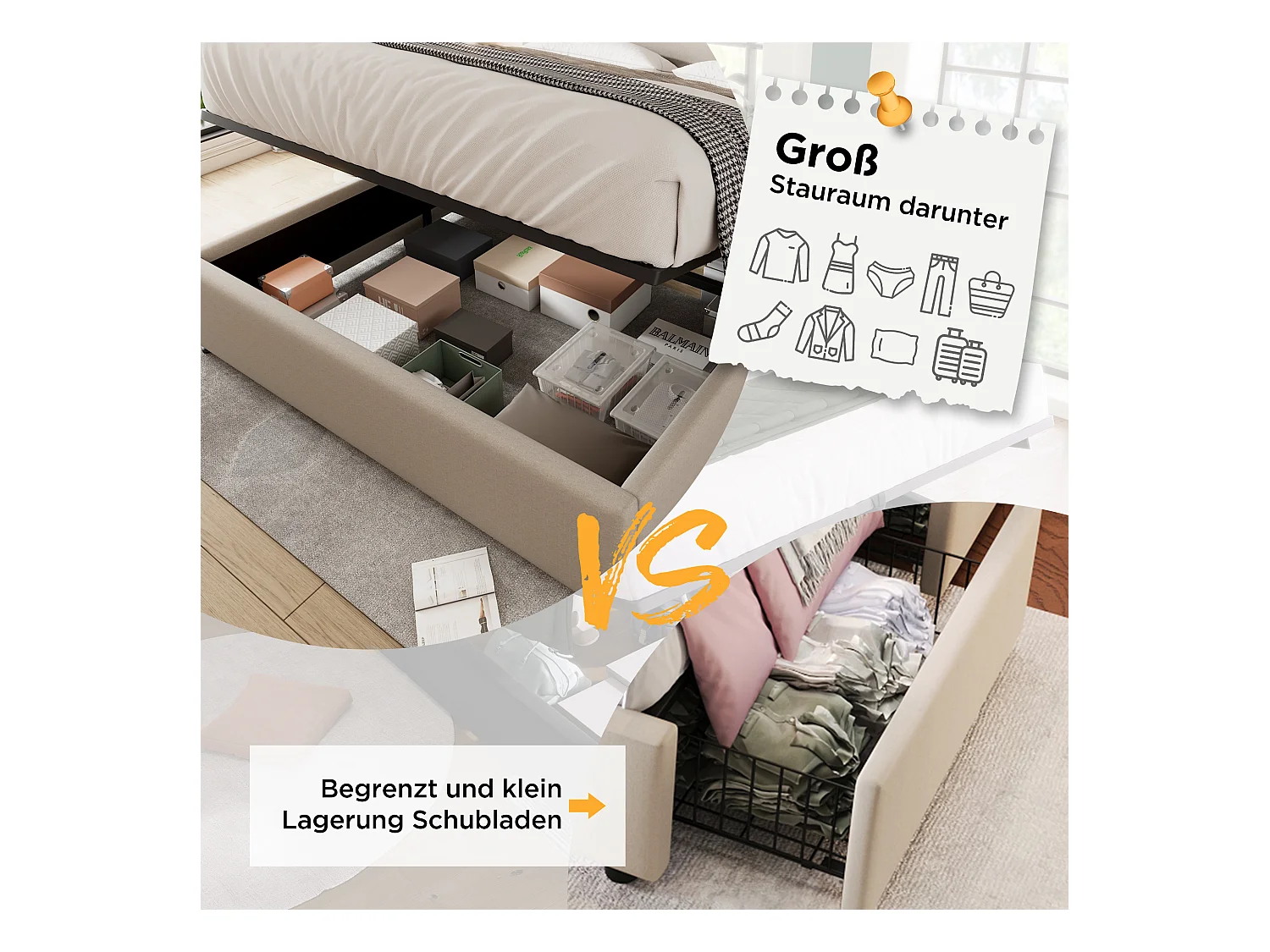 Opbergbed 180 x 200 cm met hoofdeinde - USB/Type-C stopcontacten - Linnenstof - Beige (zonder matras)