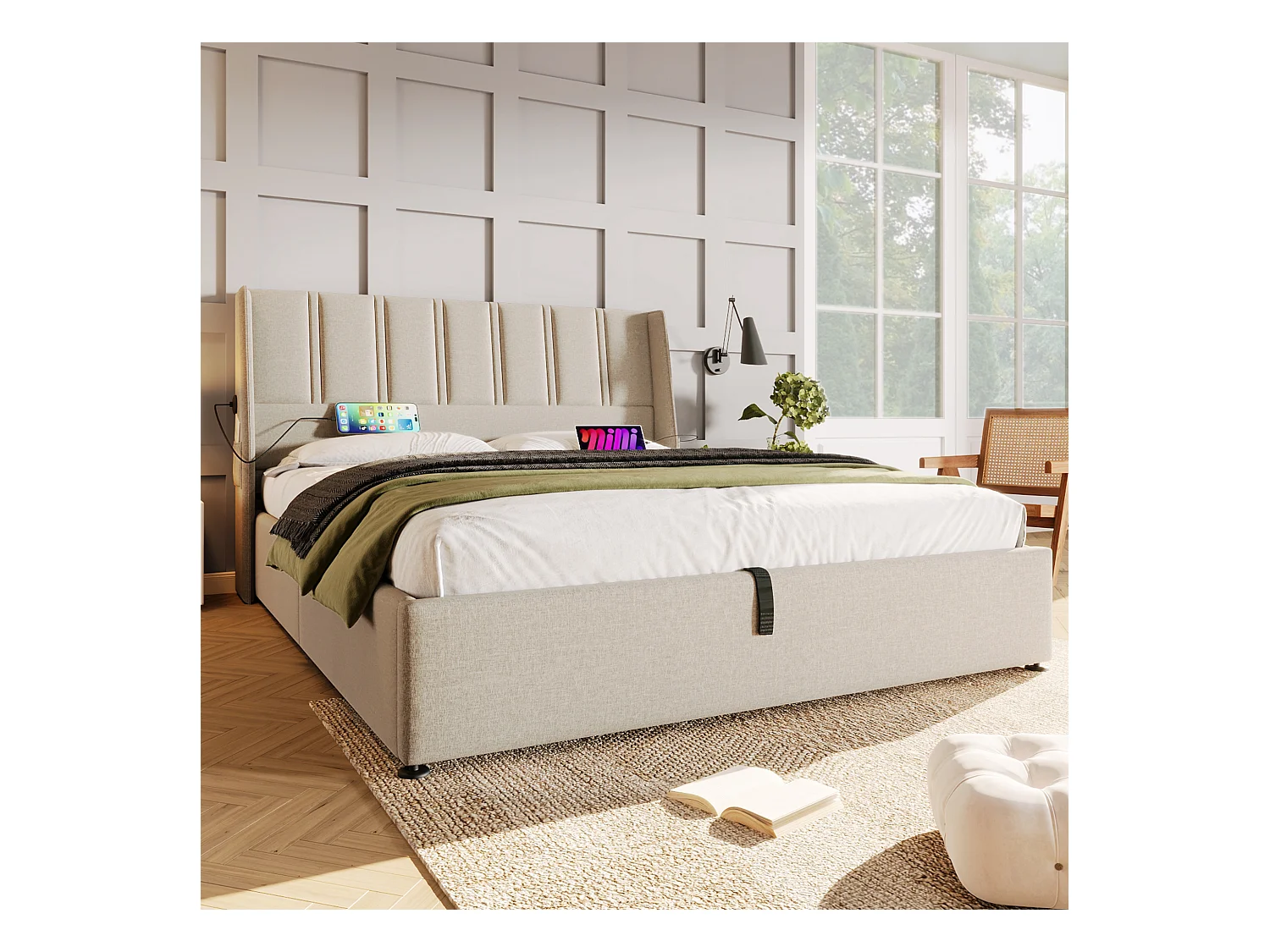 Opbergbed 180 x 200 cm met hoofdeinde - USB/Type-C stopcontacten - Linnenstof - Beige (zonder matras)