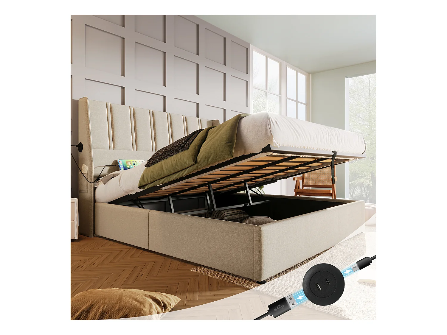 Opbergbed 180 x 200 cm met hoofdeinde - USB/Type-C stopcontacten - Linnenstof - Beige (zonder matras)