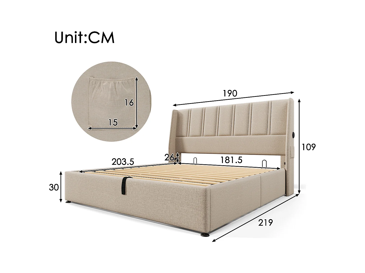 Opbergbed 180 x 200 cm met hoofdeinde - USB/Type-C stopcontacten - Linnenstof - Beige (zonder matras)