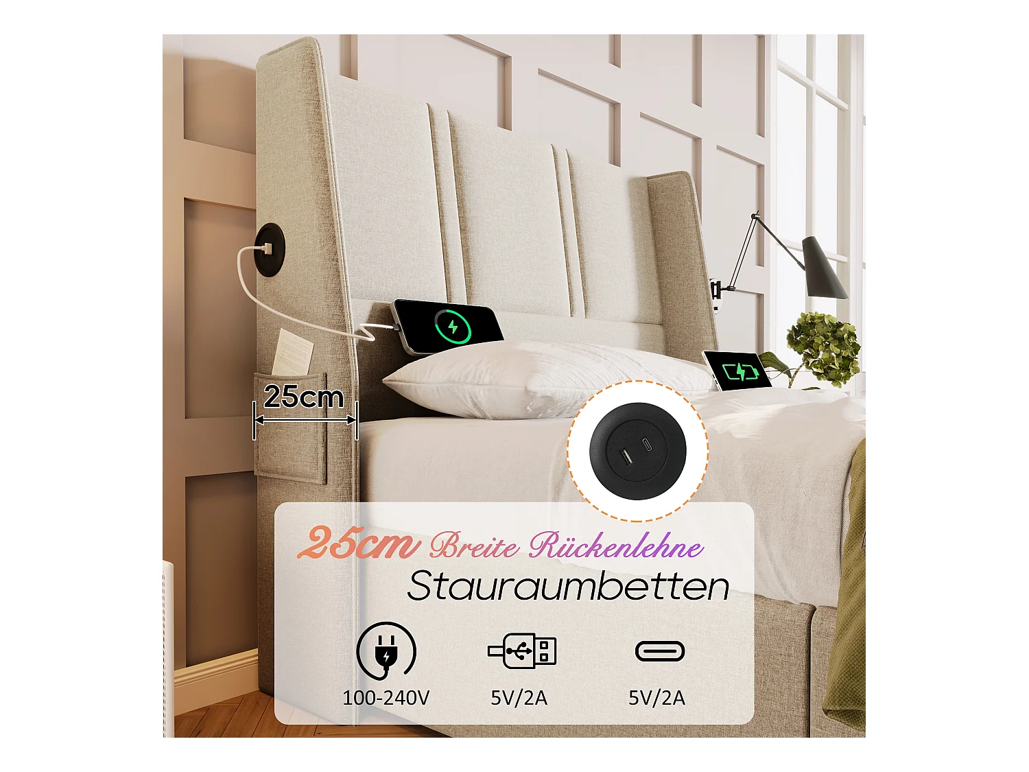Opbergbed 180 x 200 cm met hoofdeinde - USB/Type-C stopcontacten - Linnenstof - Beige (zonder matras)
