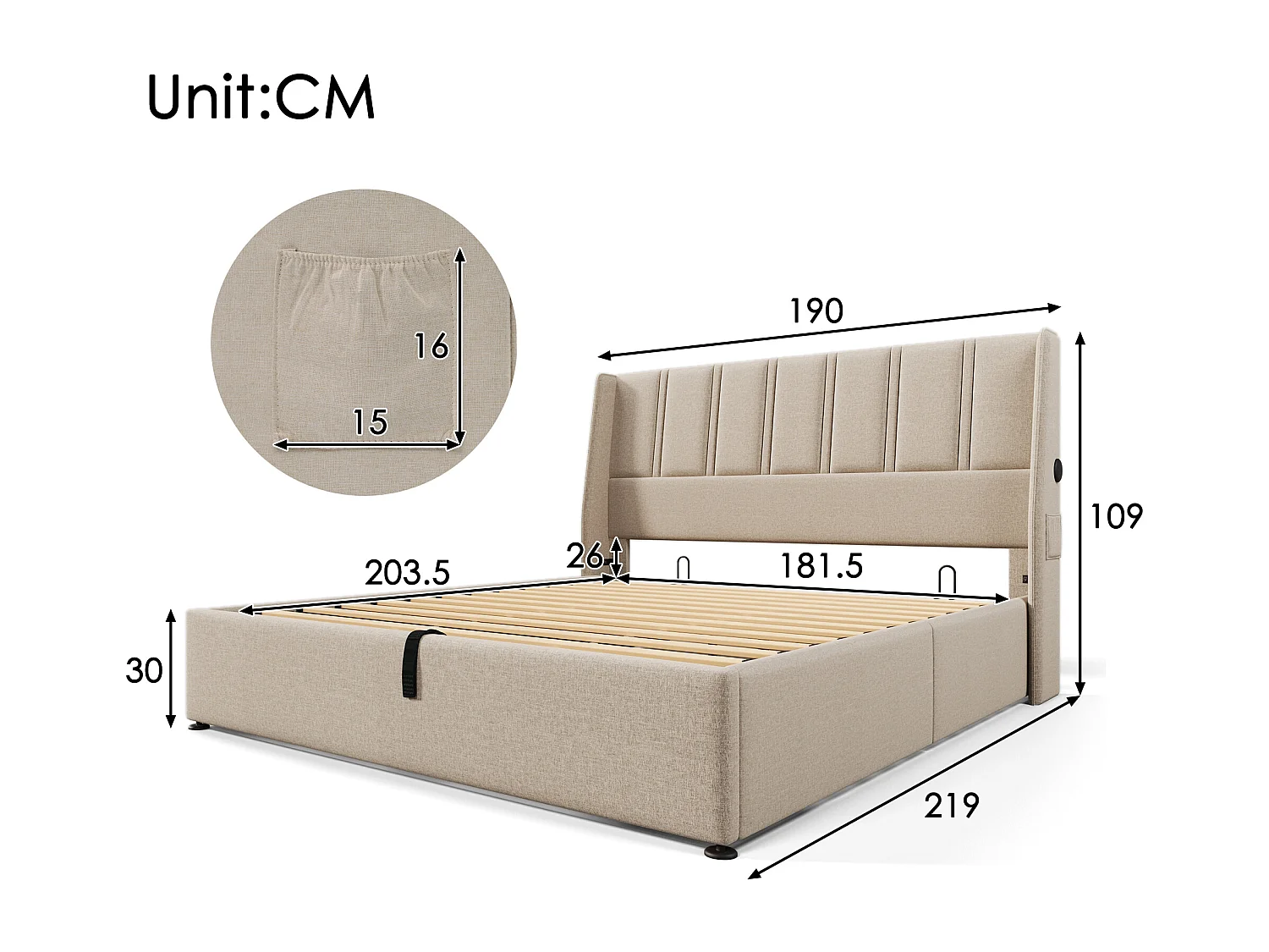Cama contenedor 180 x 200 cm con cabecero - Tomas USB/Tipo C - Tela de lino - Beige (sin colchón)