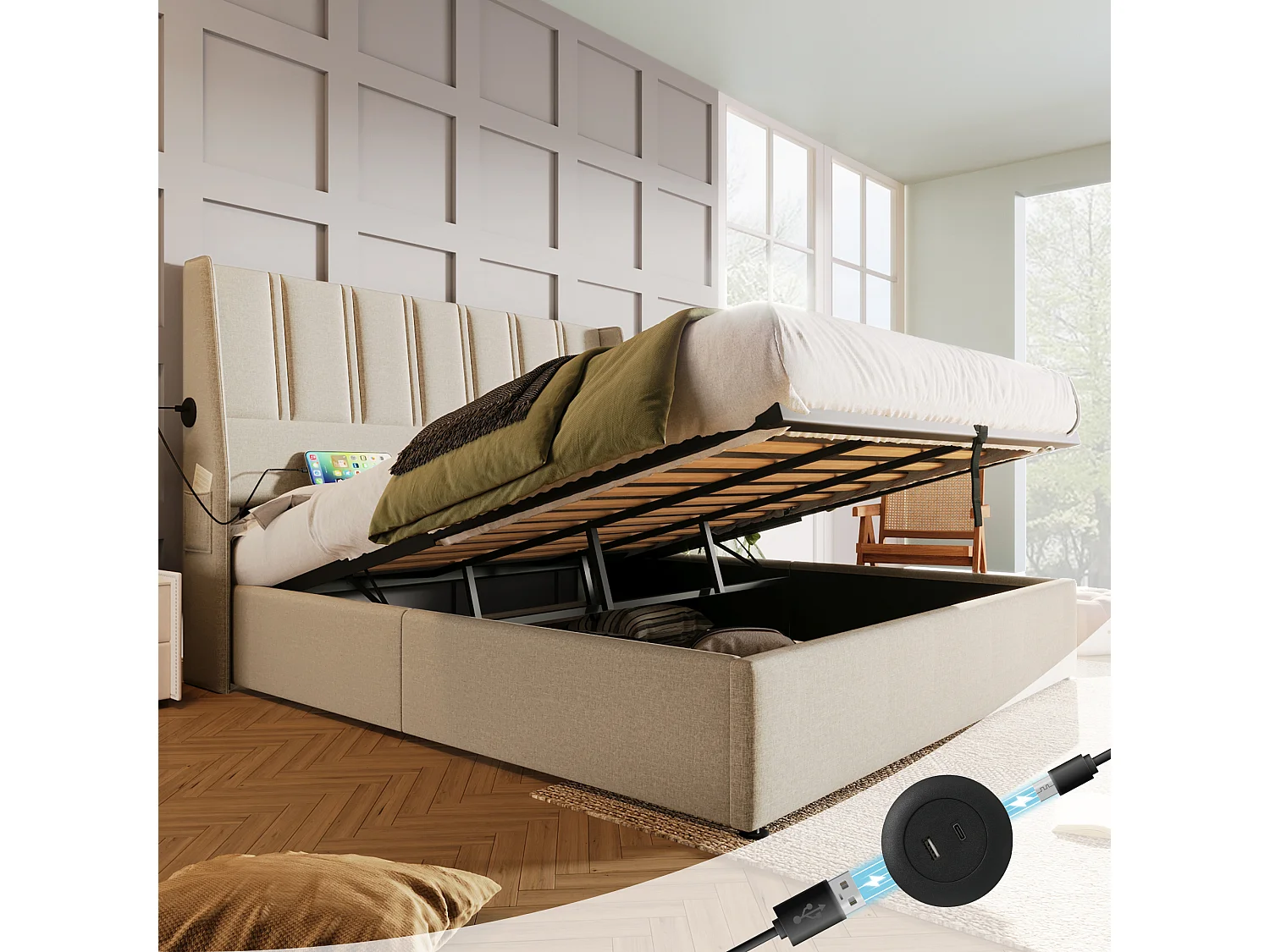 Cama contenedor 180 x 200 cm con cabecero - Tomas USB/Tipo C - Tela de lino - Beige (sin colchón)