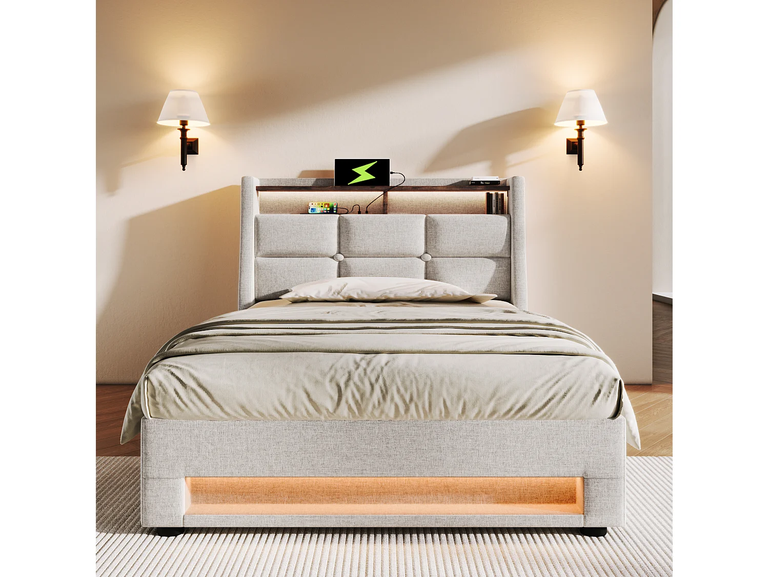 Lit coffre 90 x 200 cm avec tête de lit rangement - prise USB et LEDs - tissu en lin - beige