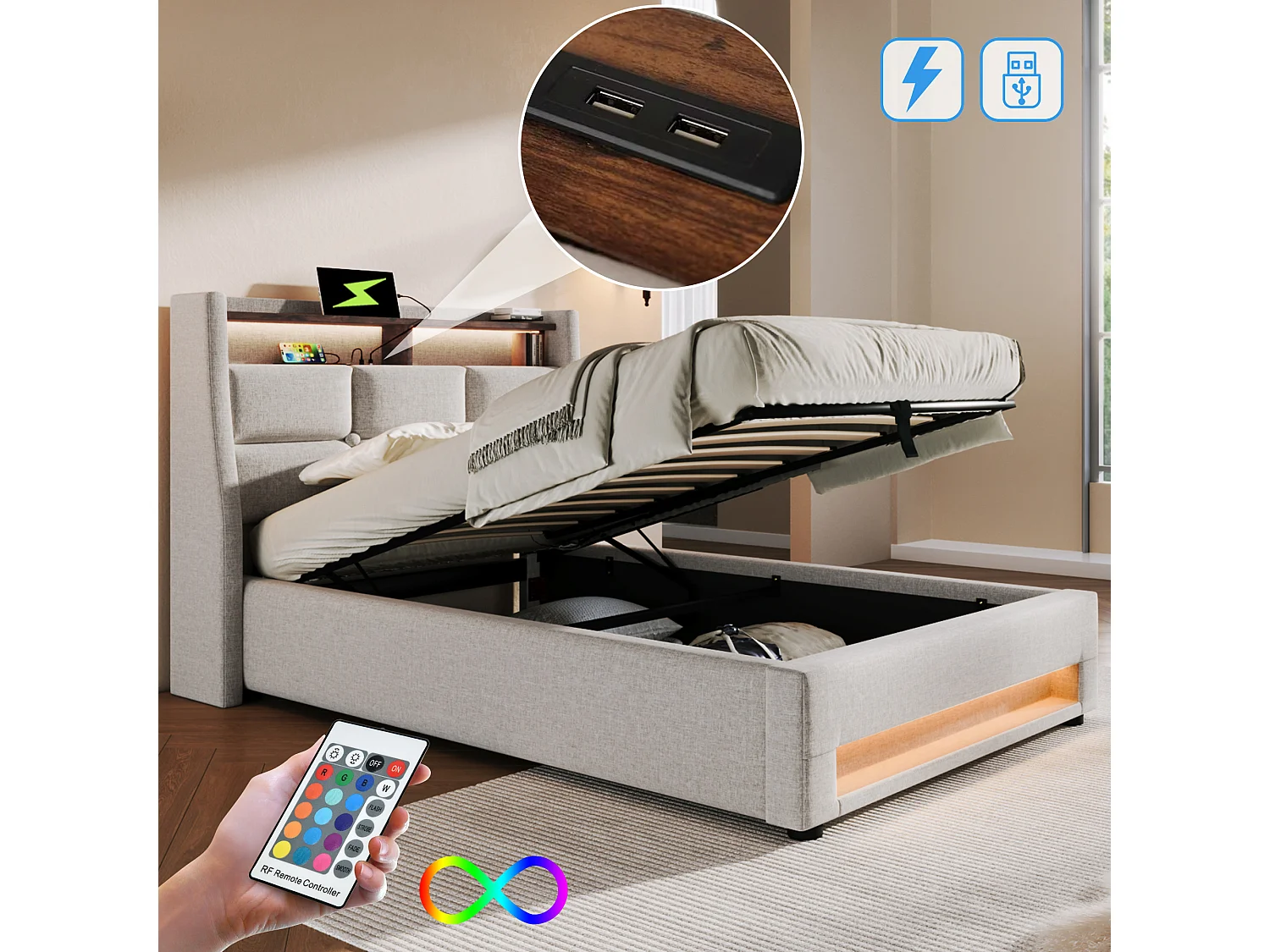 Lit coffre 90 x 200 cm avec tête de lit rangement - prise USB et LEDs - tissu en lin - beige