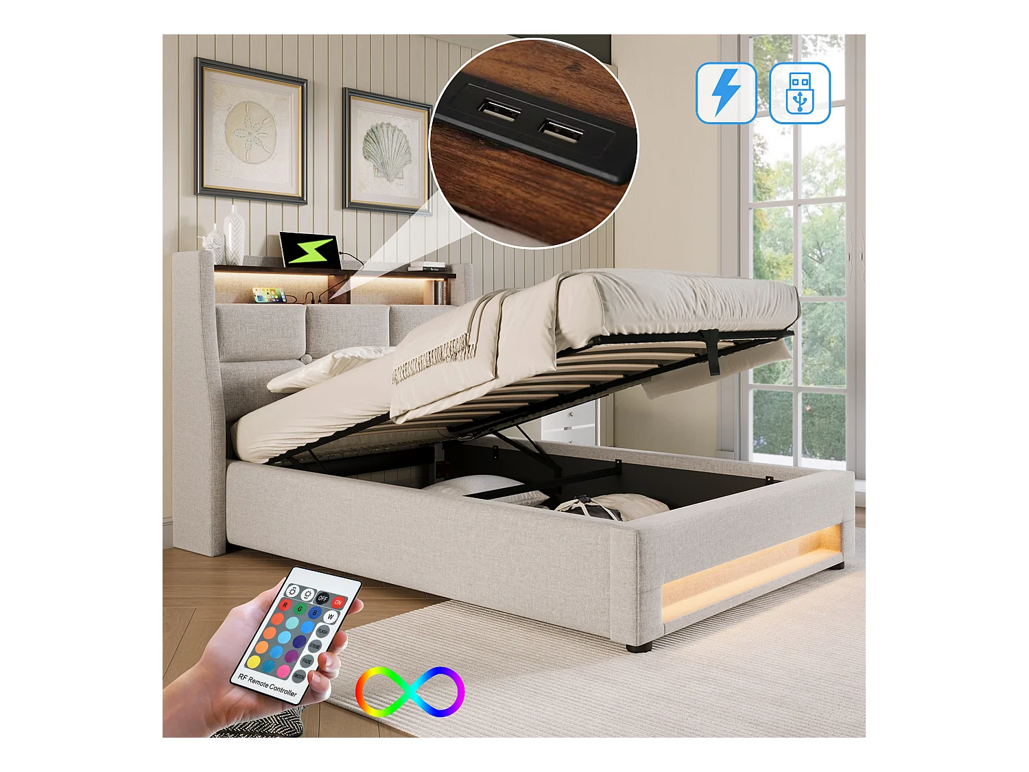Lit coffre 90 x 200 cm avec tête de lit rangement - prise USB et LEDs - tissu en lin - beige