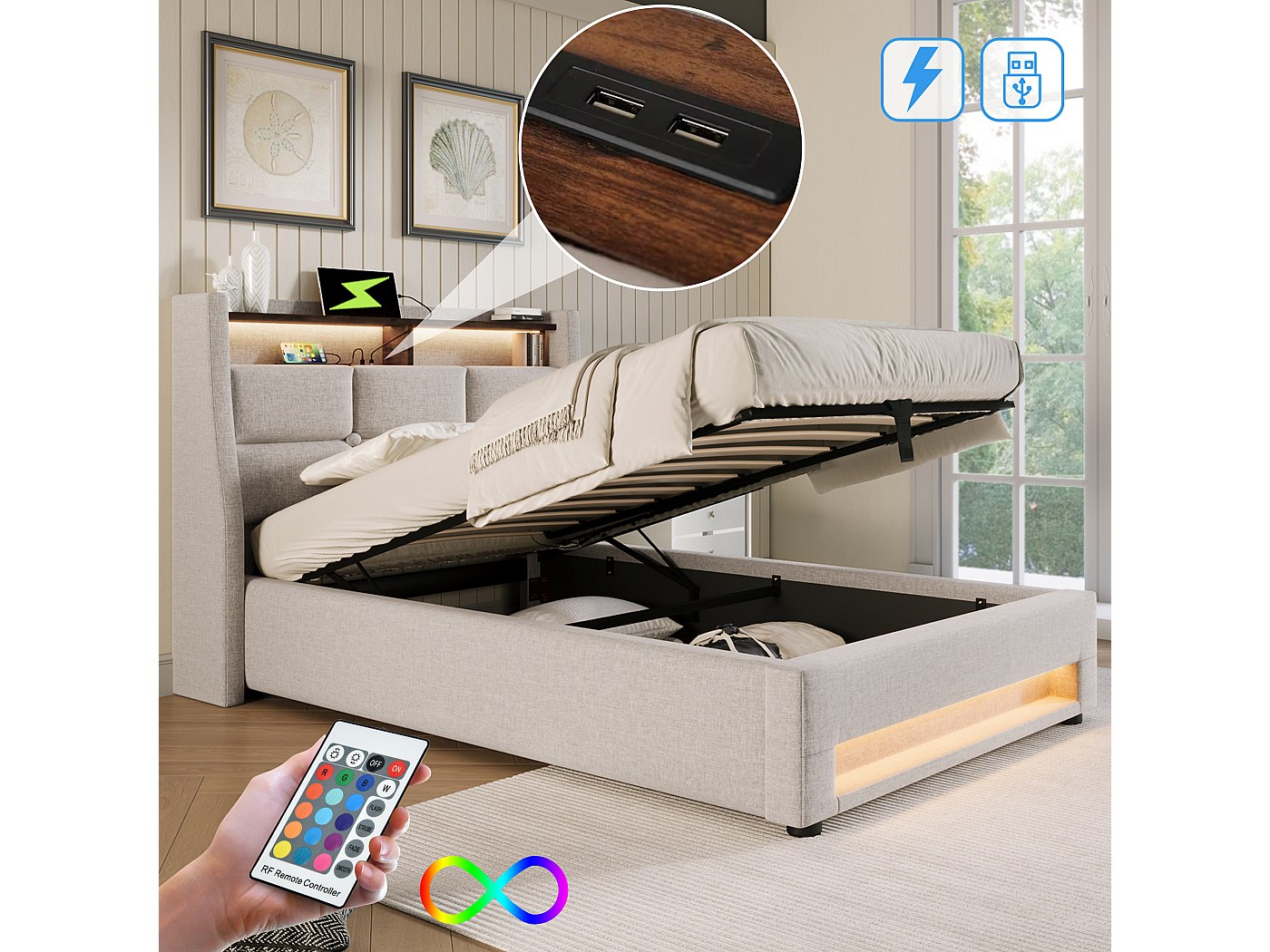 Letto imbottito 140 x 200 cm con testiera allungata e ripiani laterali