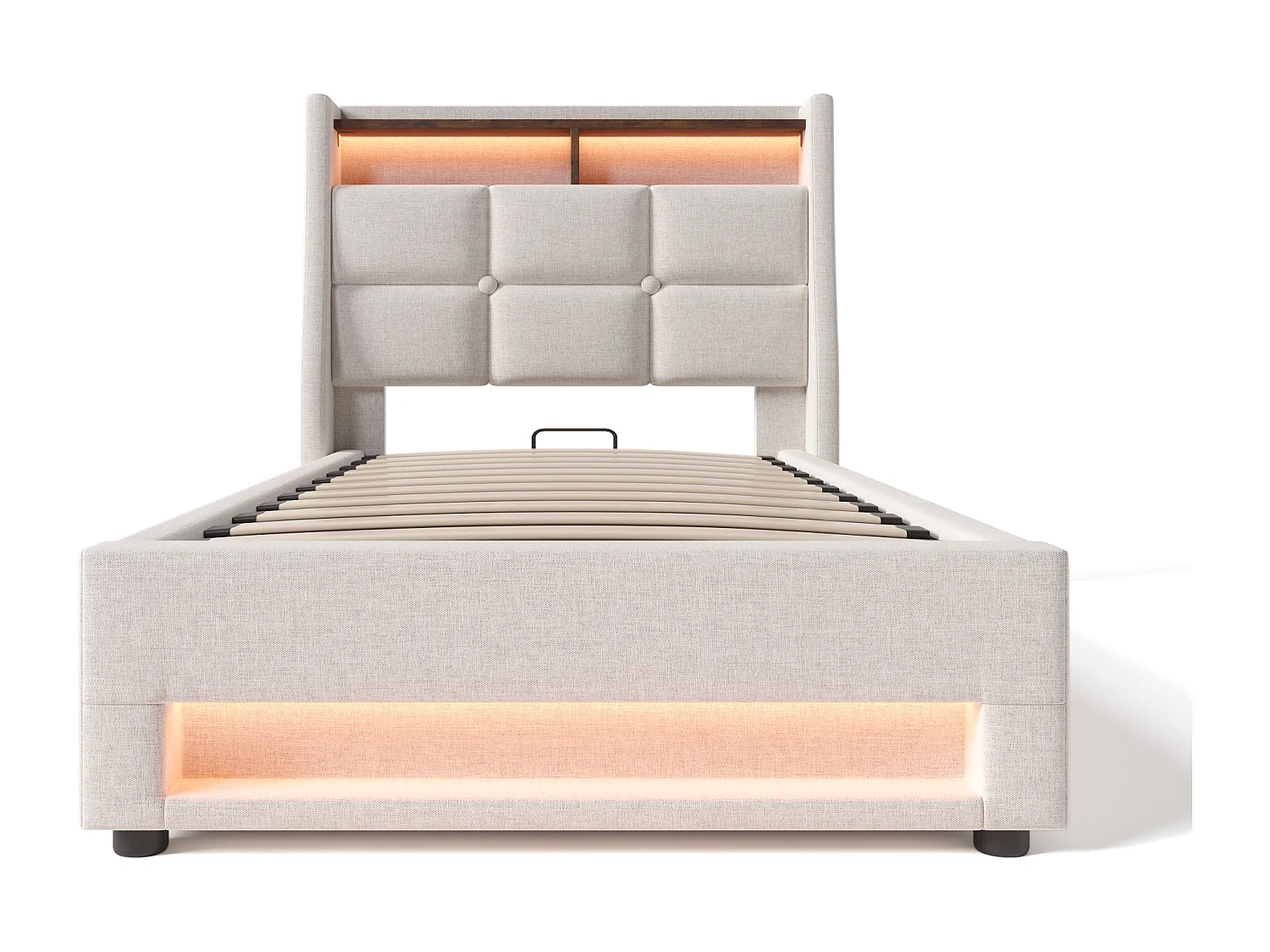 Opbergbed 90 x 200 cm met opberghoofdeinde - USB-aansluiting en LED's - linnenstof - beige