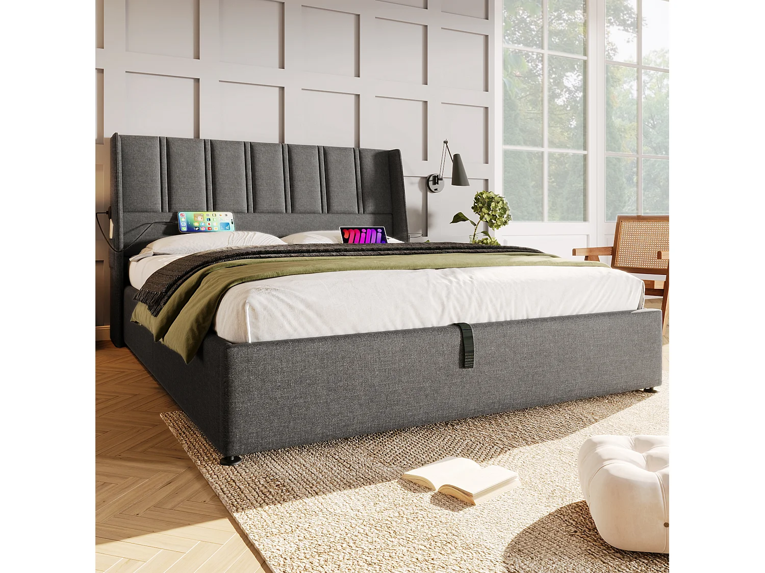 Opbergbed 160 x 200 cm met hoofdbord - USB/Type-C stopcontacten - Linnenstof - Grijs (zonder matras)