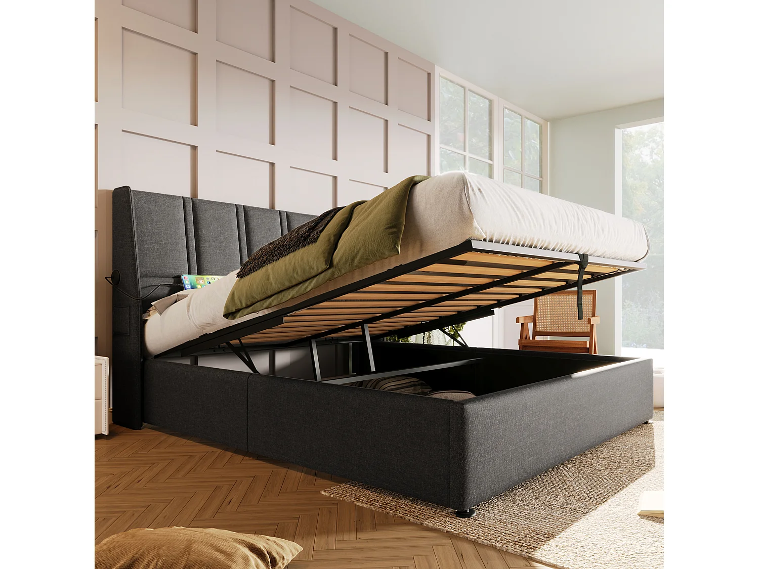 Opbergbed 160 x 200 cm met hoofdbord - USB/Type-C stopcontacten - Linnenstof - Grijs (zonder matras)