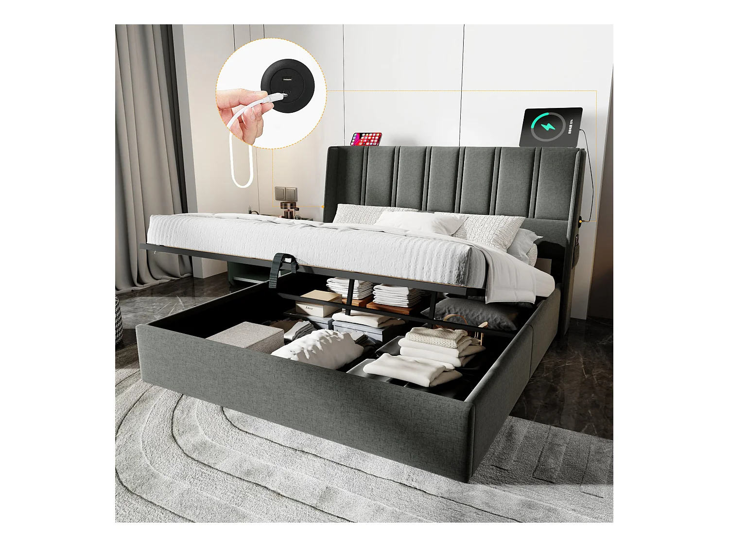Letto contenitore 160 x 200 cm con testiera - Prese USB/Type-C - Tessuto Lino - Grigio (senza materasso)
