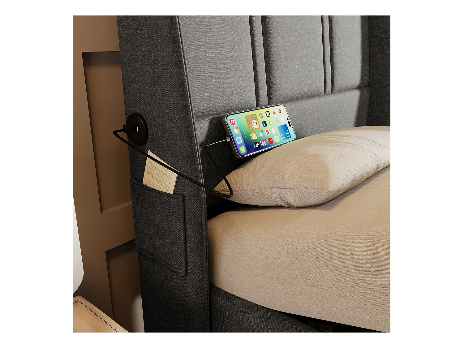 Letto contenitore 160 x 200 cm con testiera - Prese USB/Type-C - Tessuto Lino - Grigio (senza materasso)