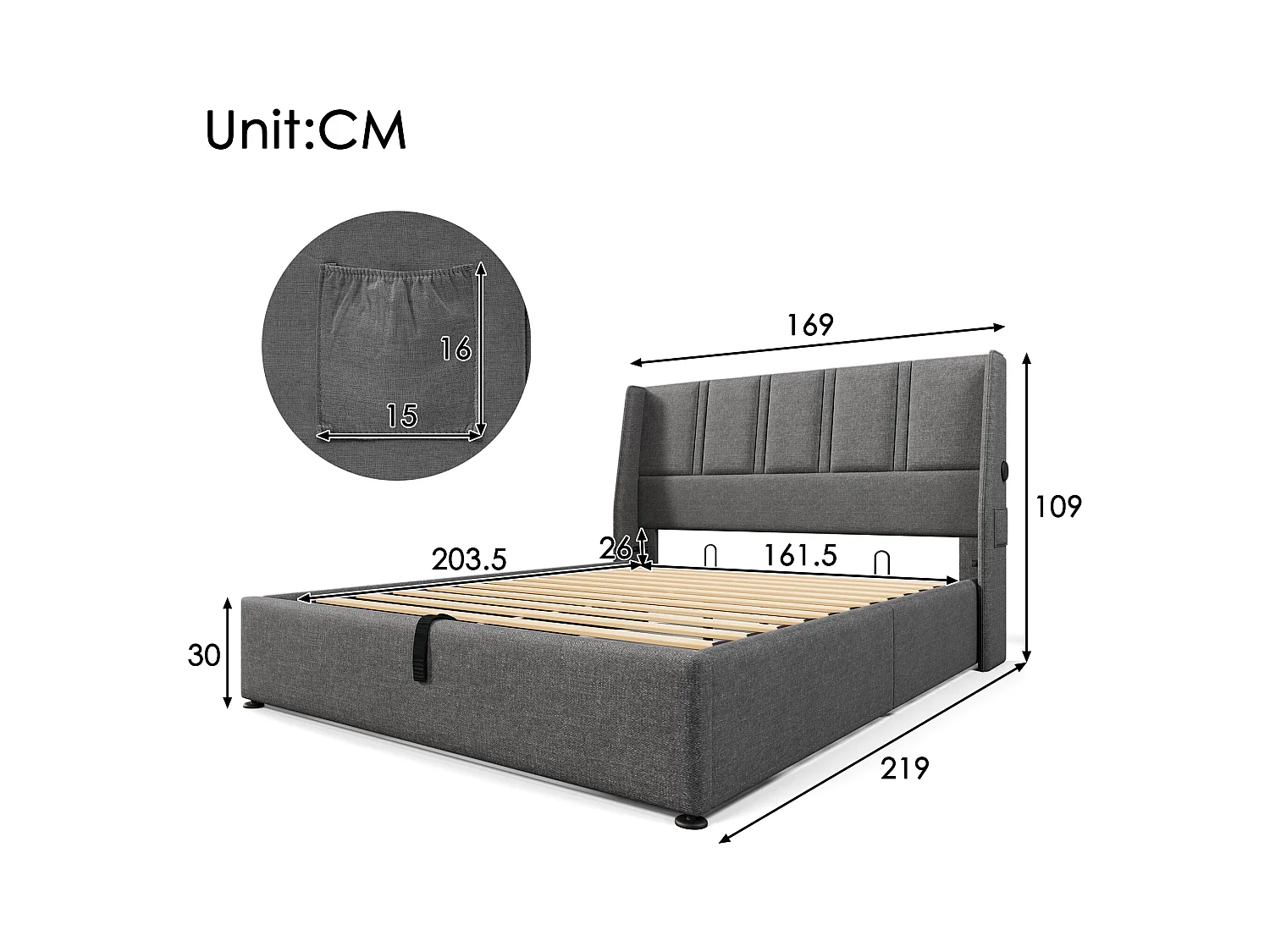 Letto contenitore 160 x 200 cm con testiera - Prese USB/Type-C - Tessuto Lino - Grigio (senza materasso)