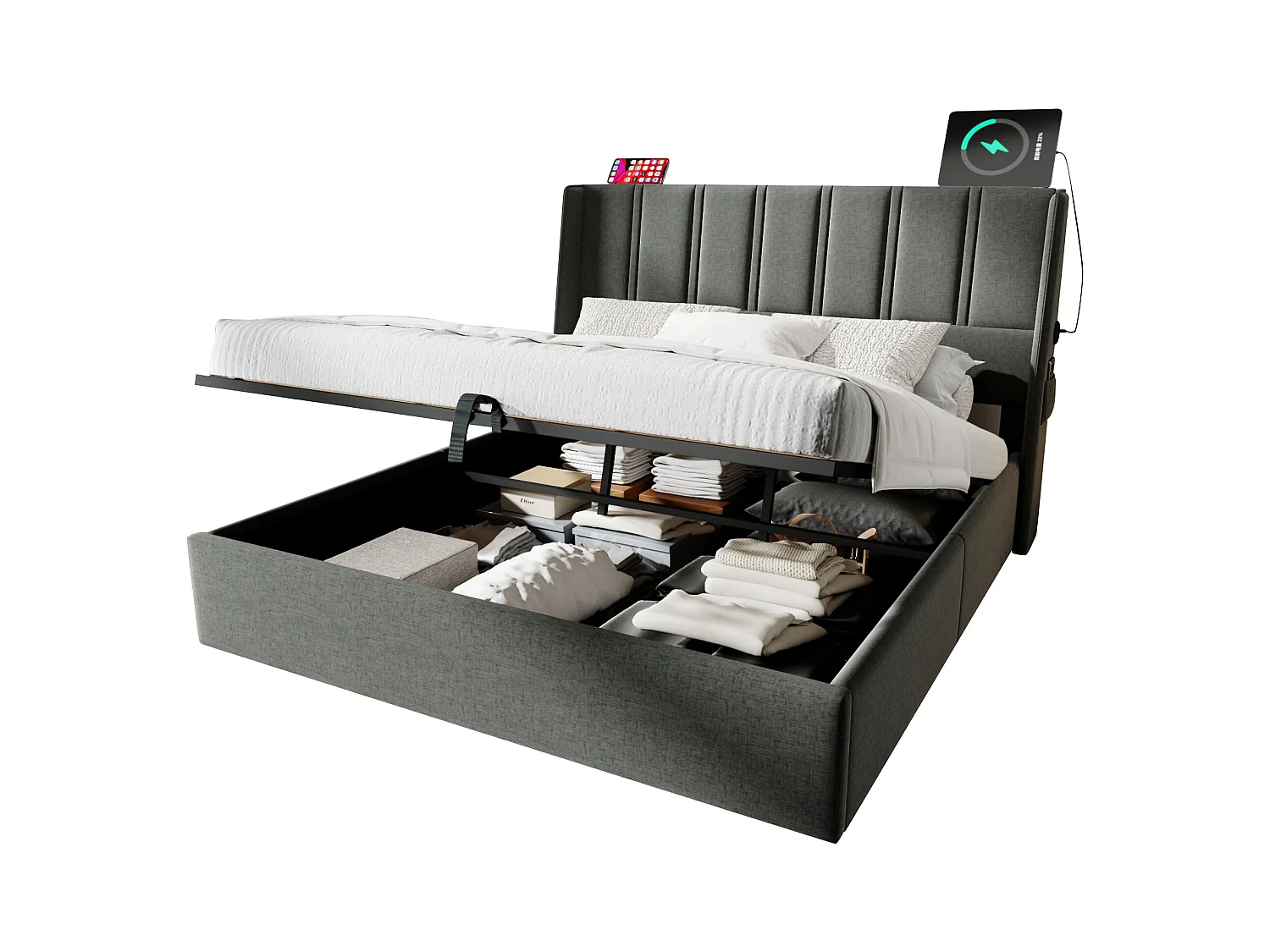 Letto contenitore 160 x 200 cm con testiera - Prese USB/Type-C - Tessuto Lino - Grigio (senza materasso)