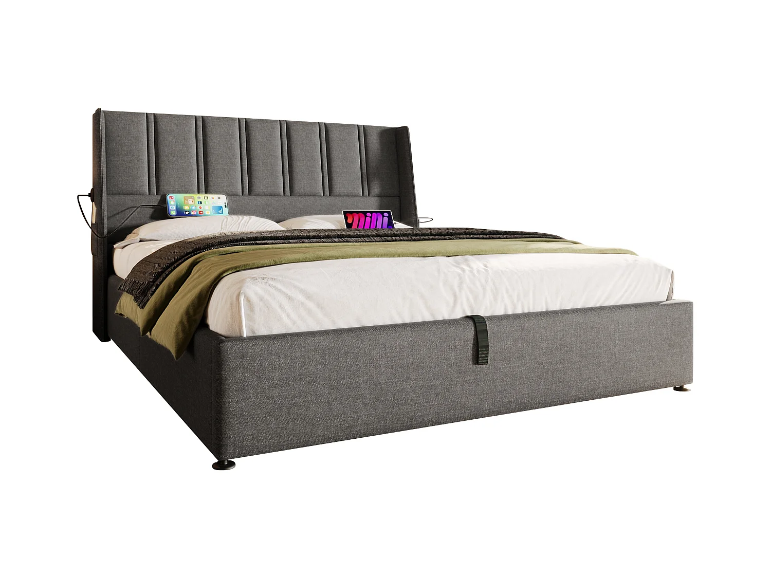Letto contenitore 160 x 200 cm con testiera - Prese USB/Type-C - Tessuto Lino - Grigio (senza materasso)