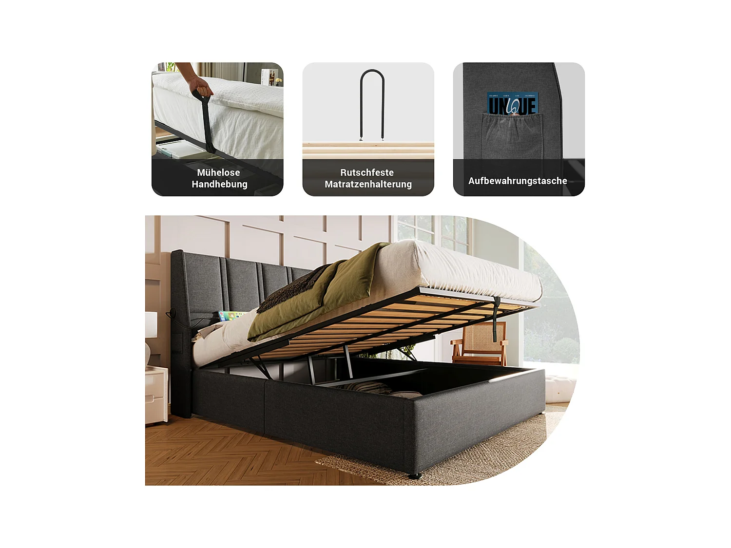 Letto contenitore 160 x 200 cm con testiera - Prese USB/Type-C - Tessuto Lino - Grigio (senza materasso)