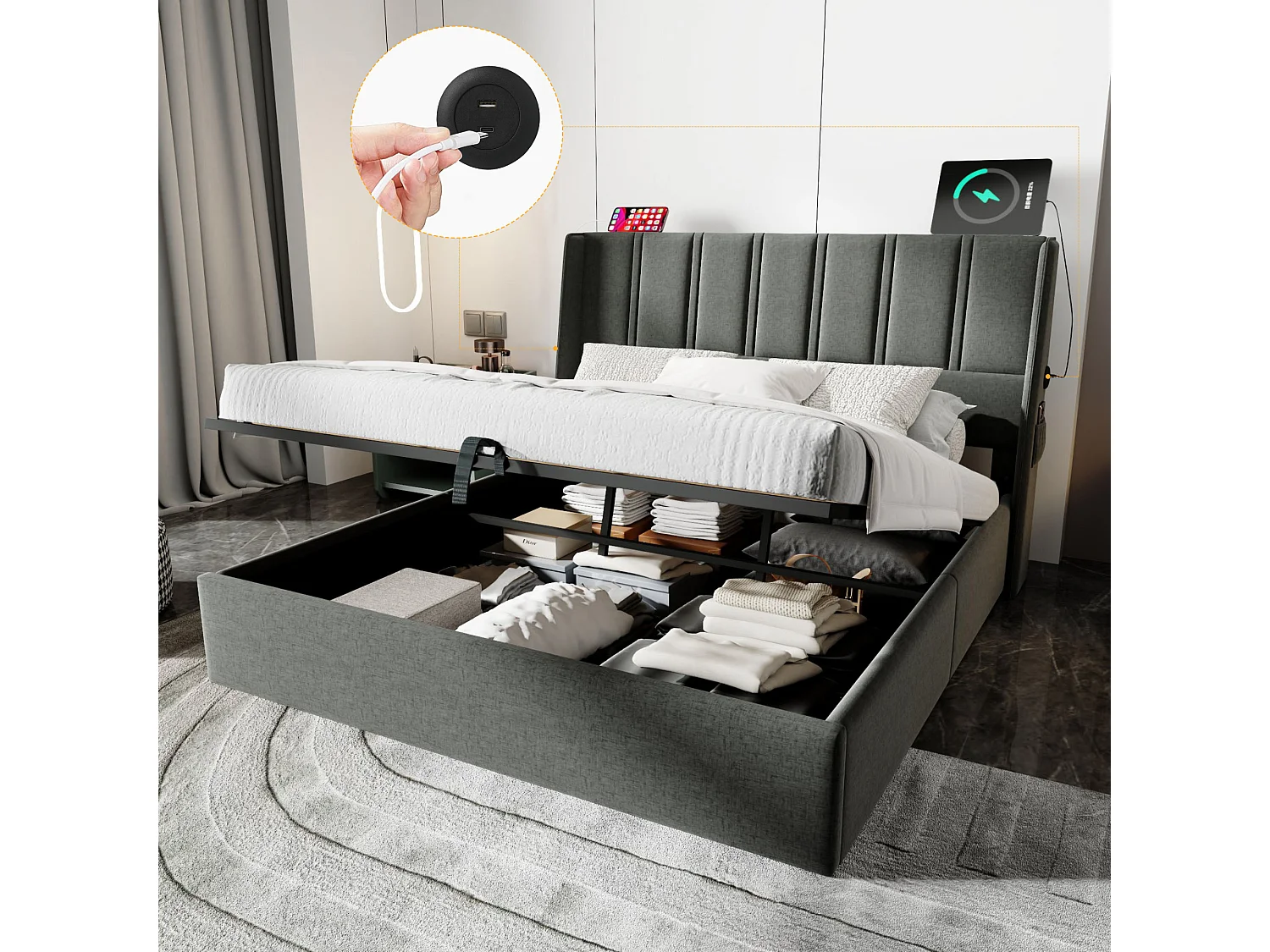 Cama contenedor 160 x 200 cm con cabecero - Tomas USB/Tipo C - Tela de lino - Gris (sin colchón)