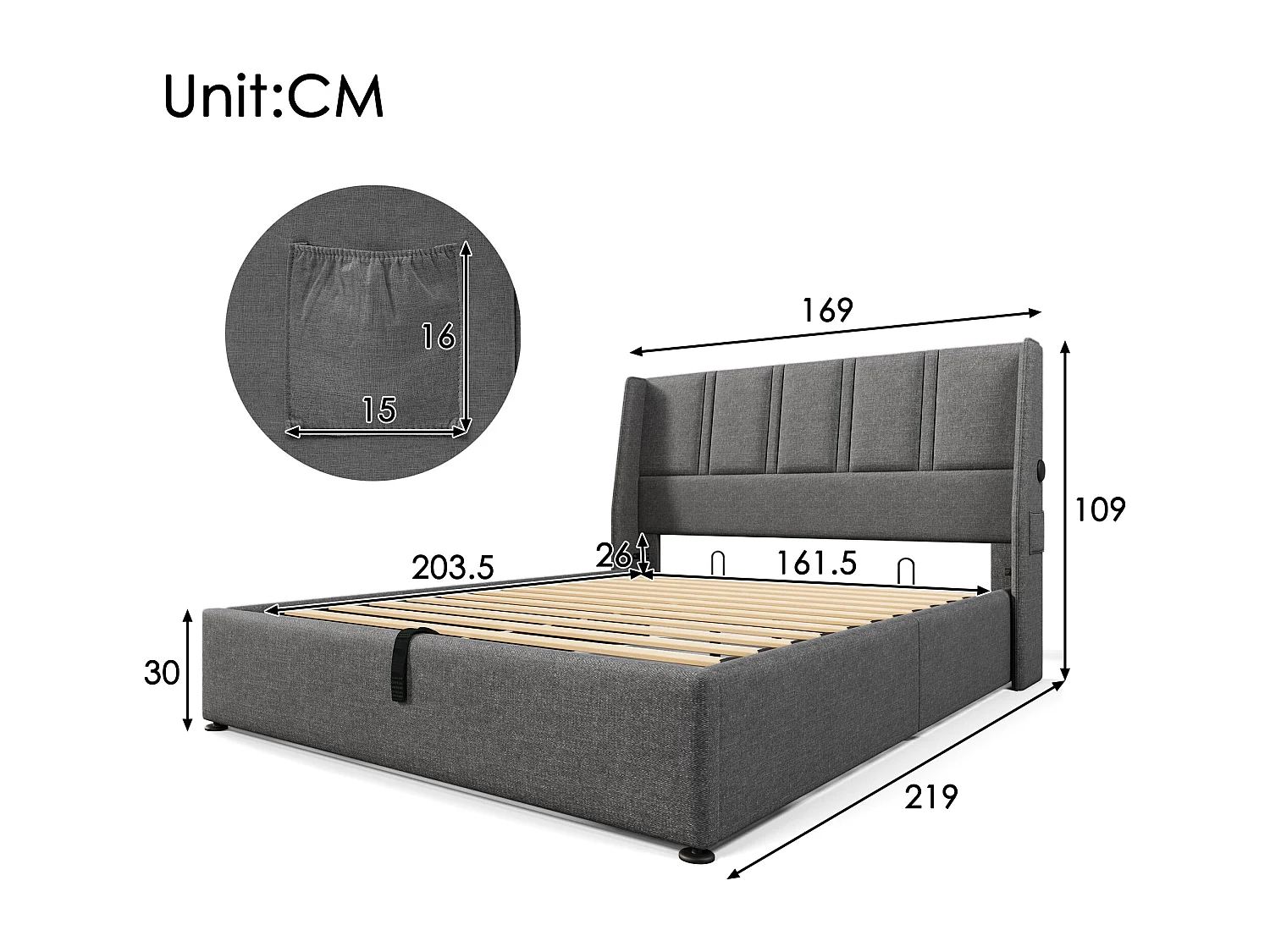 Cama contenedor 160 x 200 cm con cabecero - Tomas USB/Tipo C - Tela de lino - Gris (sin colchón)