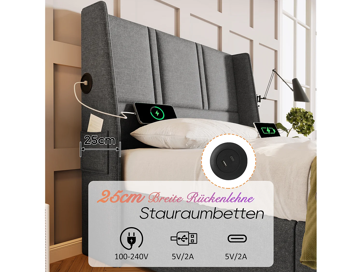 Cama contenedor 160 x 200 cm con cabecero - Tomas USB/Tipo C - Tela de lino - Gris (sin colchón)