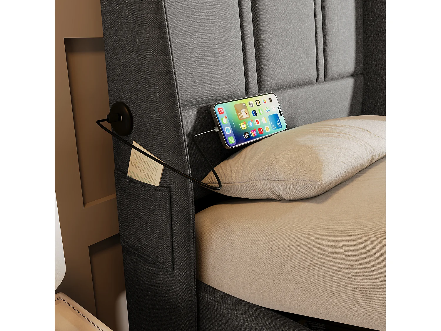 Cama contenedor 160 x 200 cm con cabecero - Tomas USB/Tipo C - Tela de lino - Gris (sin colchón)