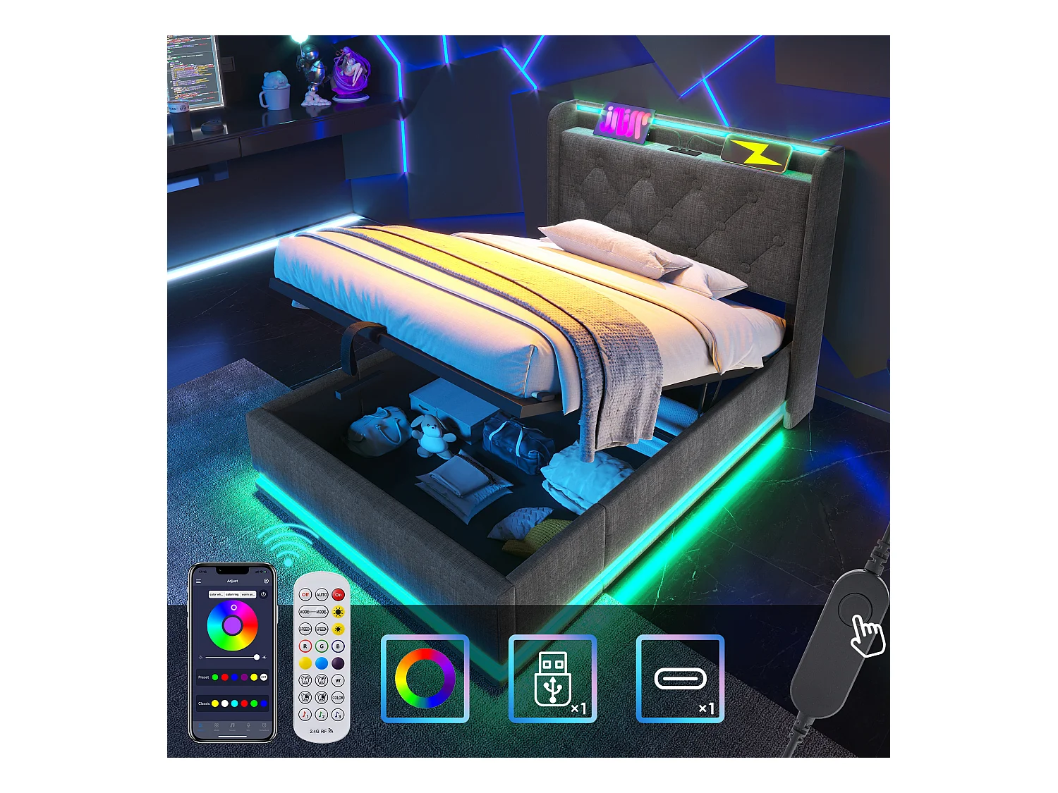 Bett mit Stauraum 90 x 200 cm mit Stauraum-Kopfteil – USB- und LED-Anschlüsse – Leinenstoff – Knopfmuster – Grau (ohne Matratze)