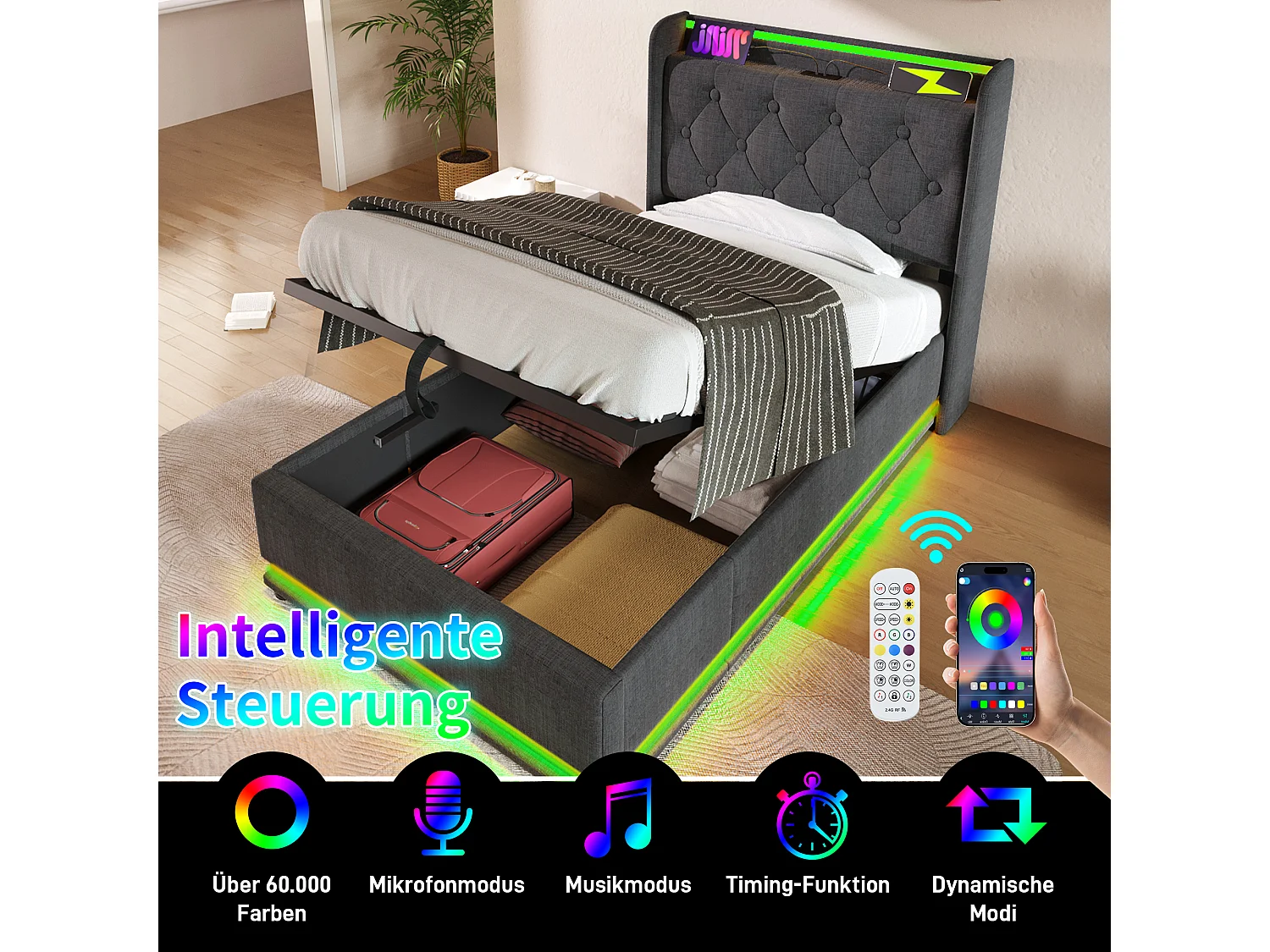 Opbergbed 90 x 200 cm met opberghoofdeinde - USB- en LED-aansluitingen - Linnenstof - Knooppatroon - Grijs (zonder matras)