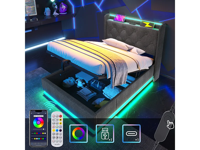 Lit coffre 90 x 200 cm avec tête de lit rangement - Prises USB et LEDs - Tissu en lin - Motif boutons - Gris (sans matelas)