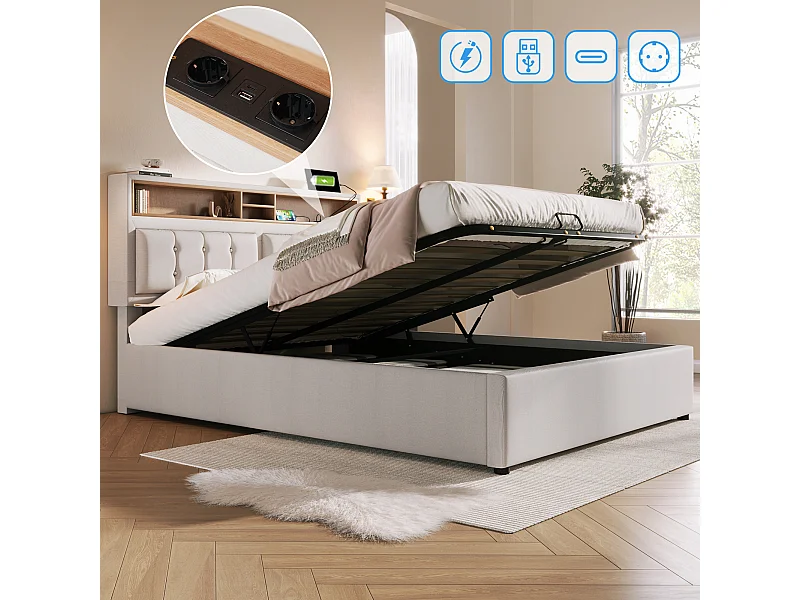 Lit coffre 140 x 200 cm avec tête de lit rangement - prise USB & C - tissu en lin - beige