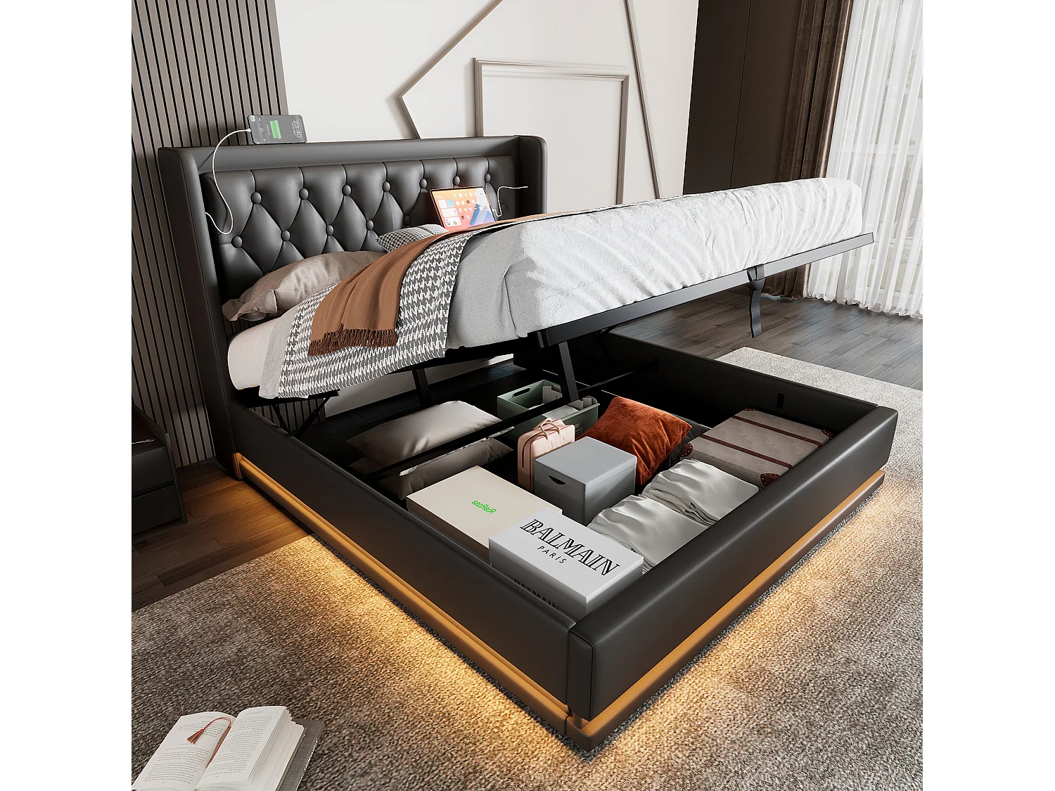 Cama contenedor 180 x 200 cm con cabecero - Tomas USB y Tipo C - LED - Cuero PU - Negro (sin colchón)