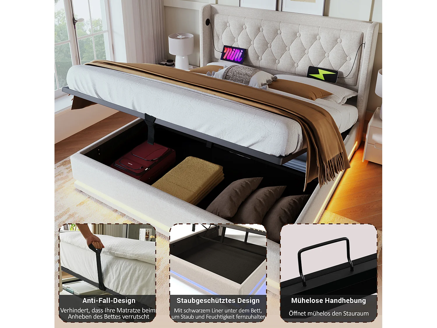 Opbergbed 180 x 200 cm met hoofdeinde - USB- en Type-C-aansluitingen - LED's - Katoenstof - Beige (zonder matras)