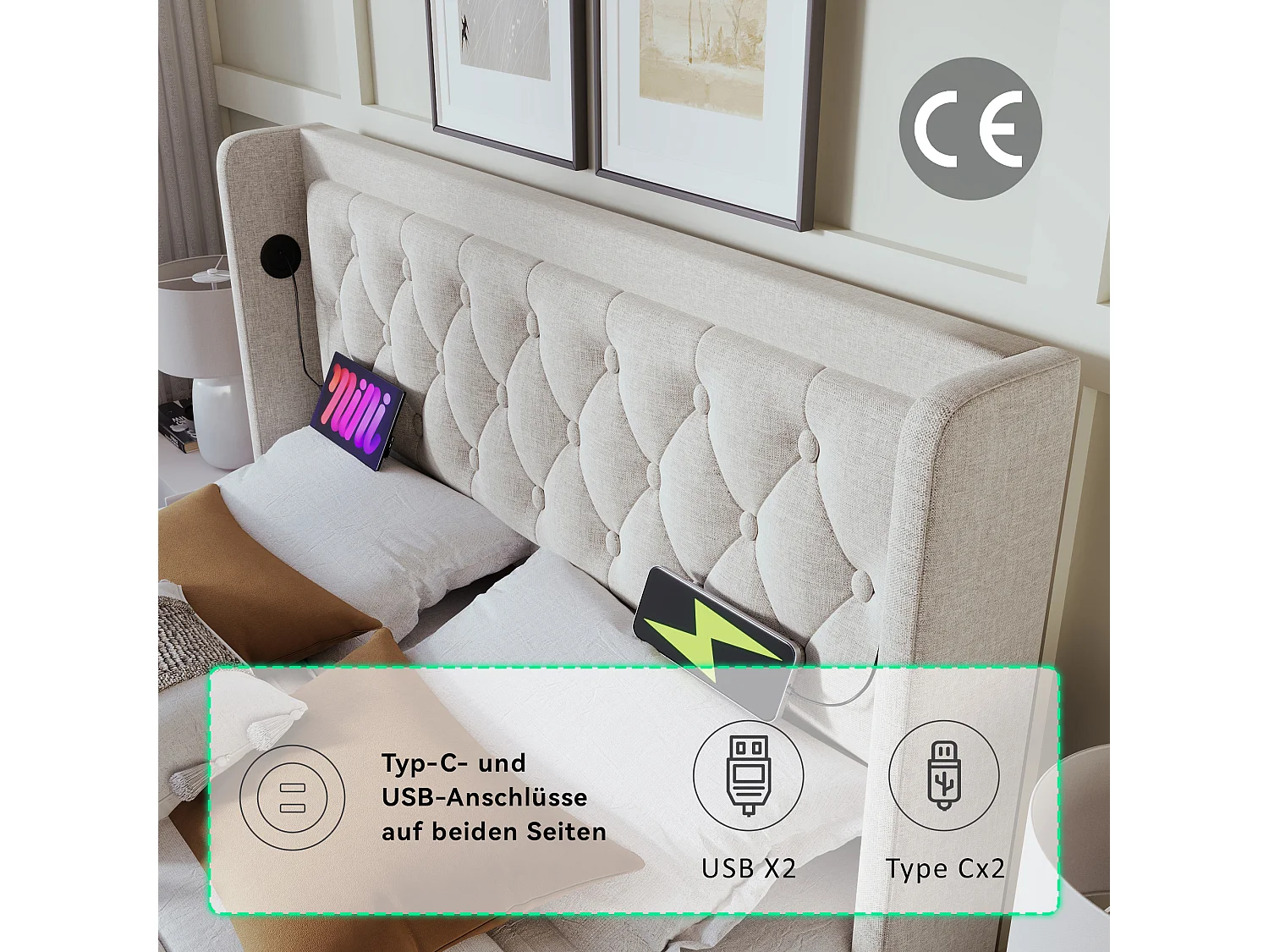 Opbergbed 180 x 200 cm met hoofdeinde - USB- en Type-C-aansluitingen - LED's - Katoenstof - Beige (zonder matras)