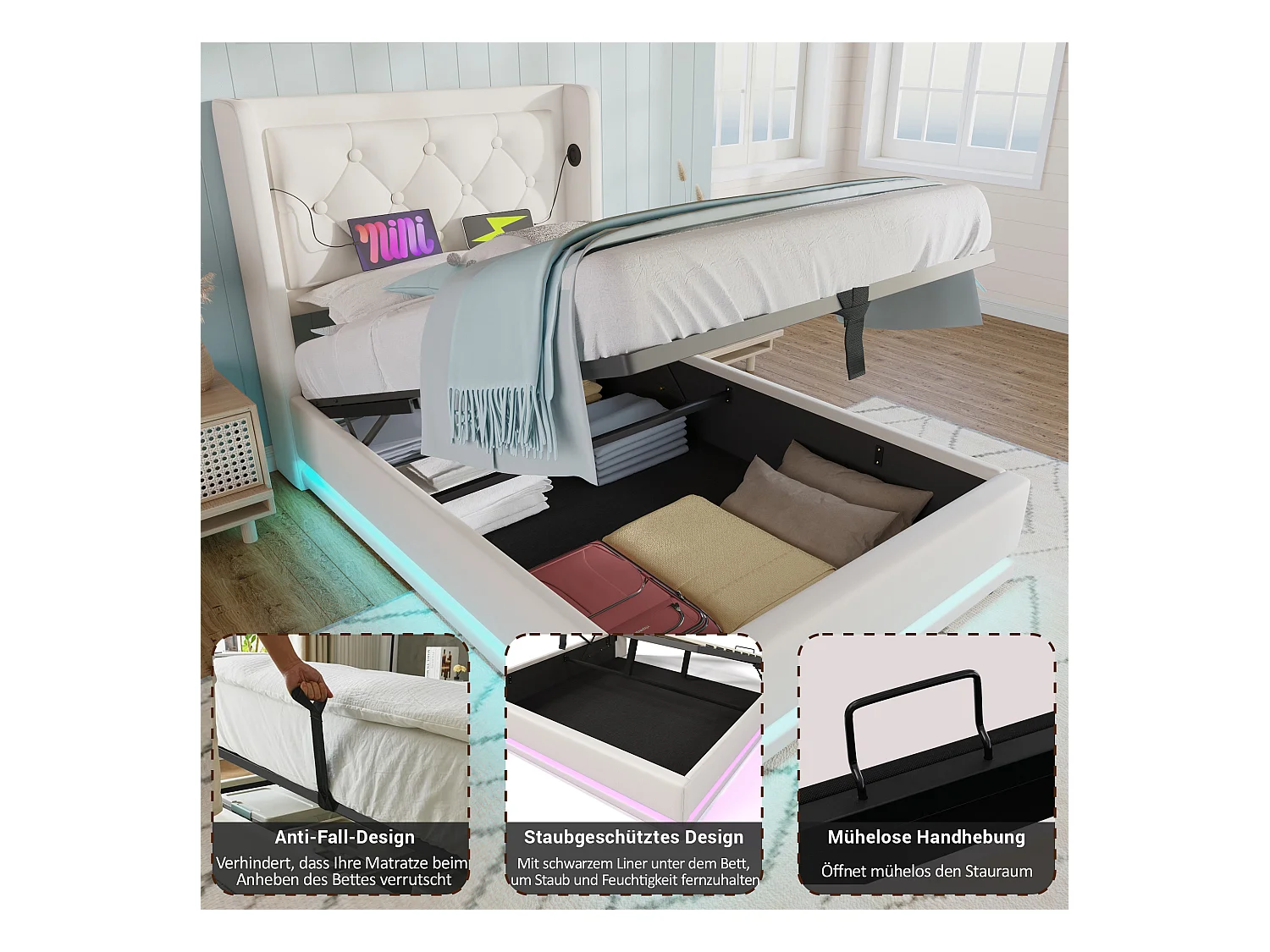 Cama contenedor 90 x 200 cm con cabecero - Tomas USB y Tipo C - LED - Cuero PU - Blanco (sin colchón)