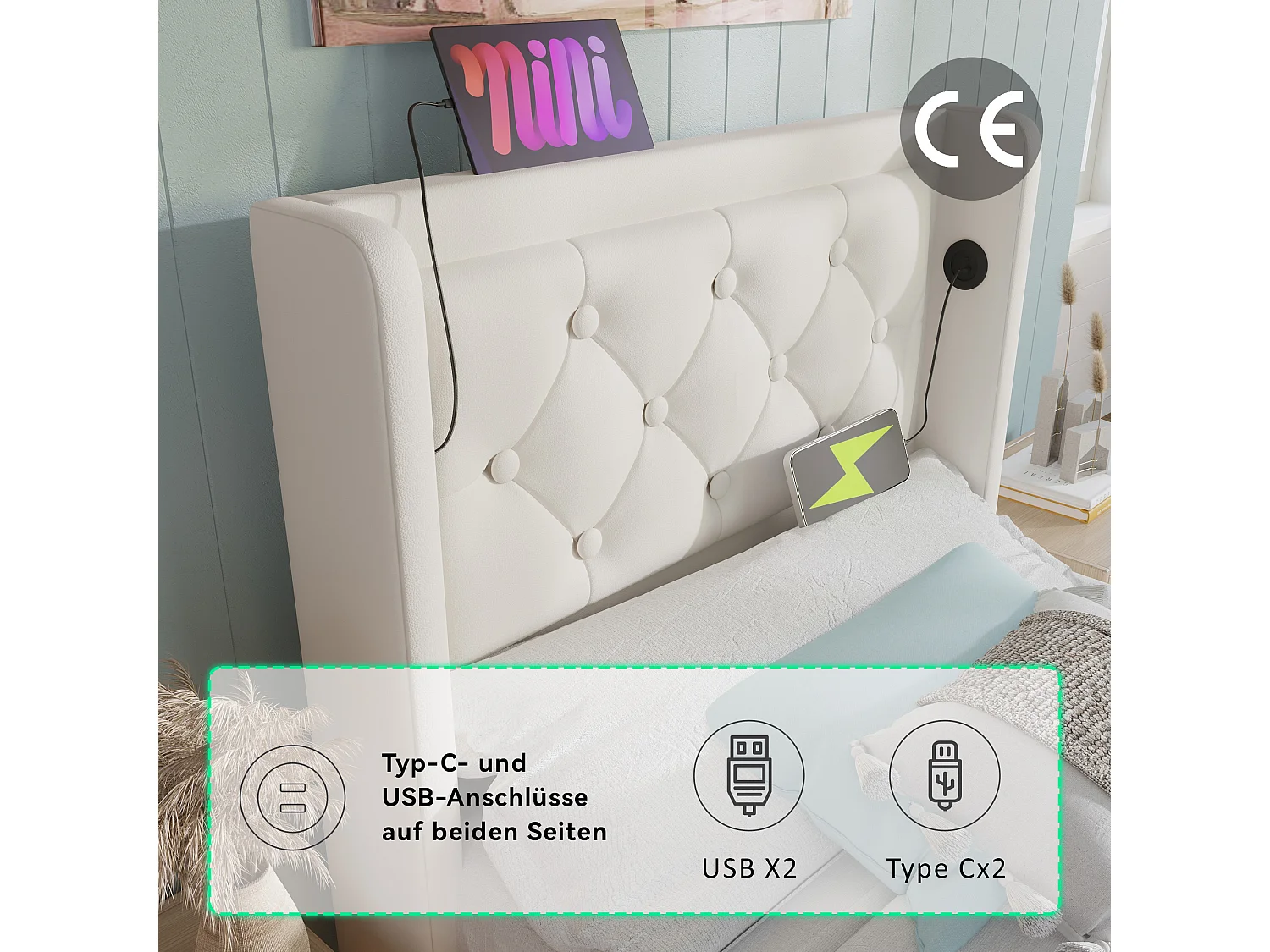Cama contenedor 90 x 200 cm con cabecero - Tomas USB y Tipo C - LED - Cuero PU - Blanco (sin colchón)